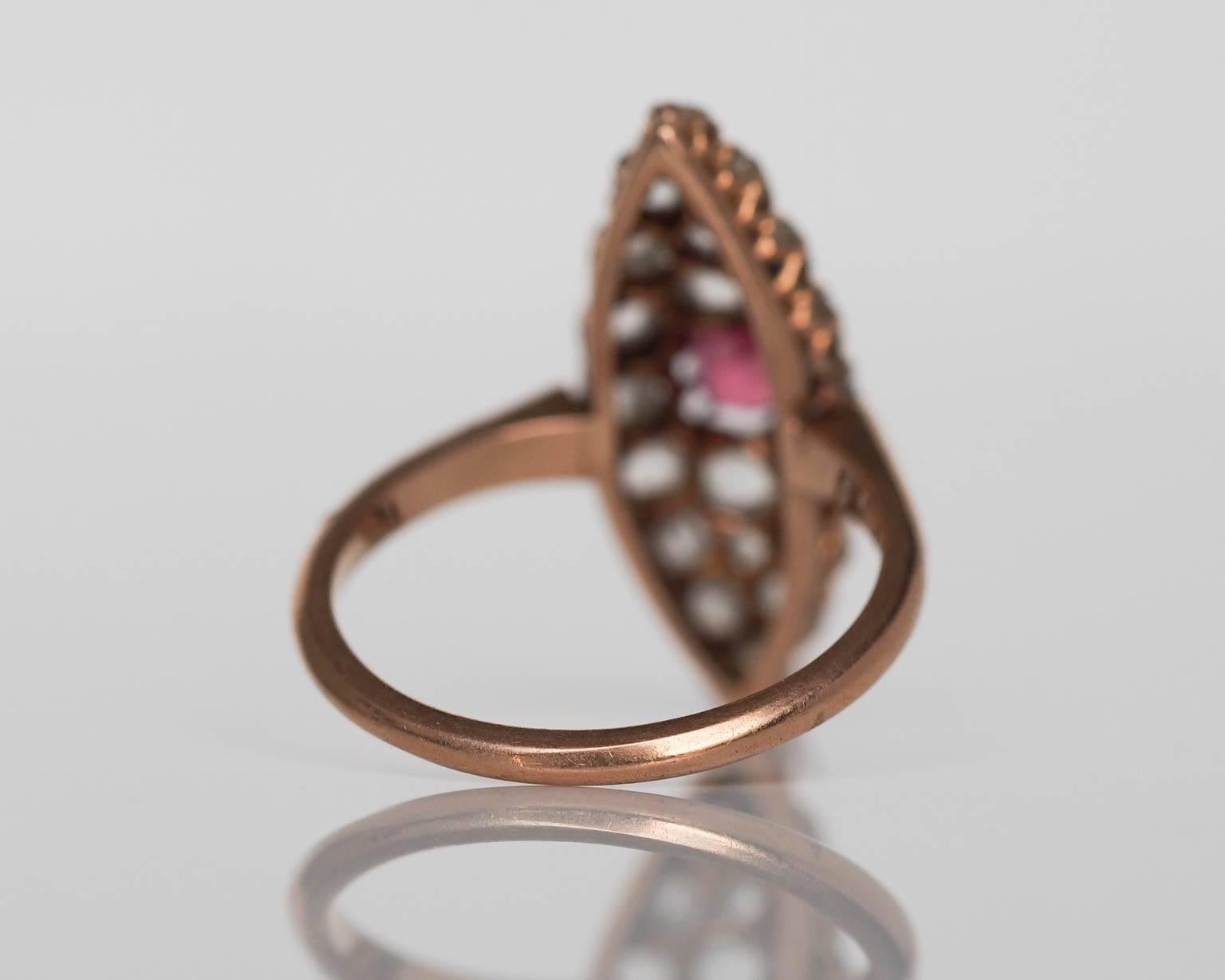 1870s Victorian Pink Sapphire Rose Cut Diamond Gold Navette Ring 1