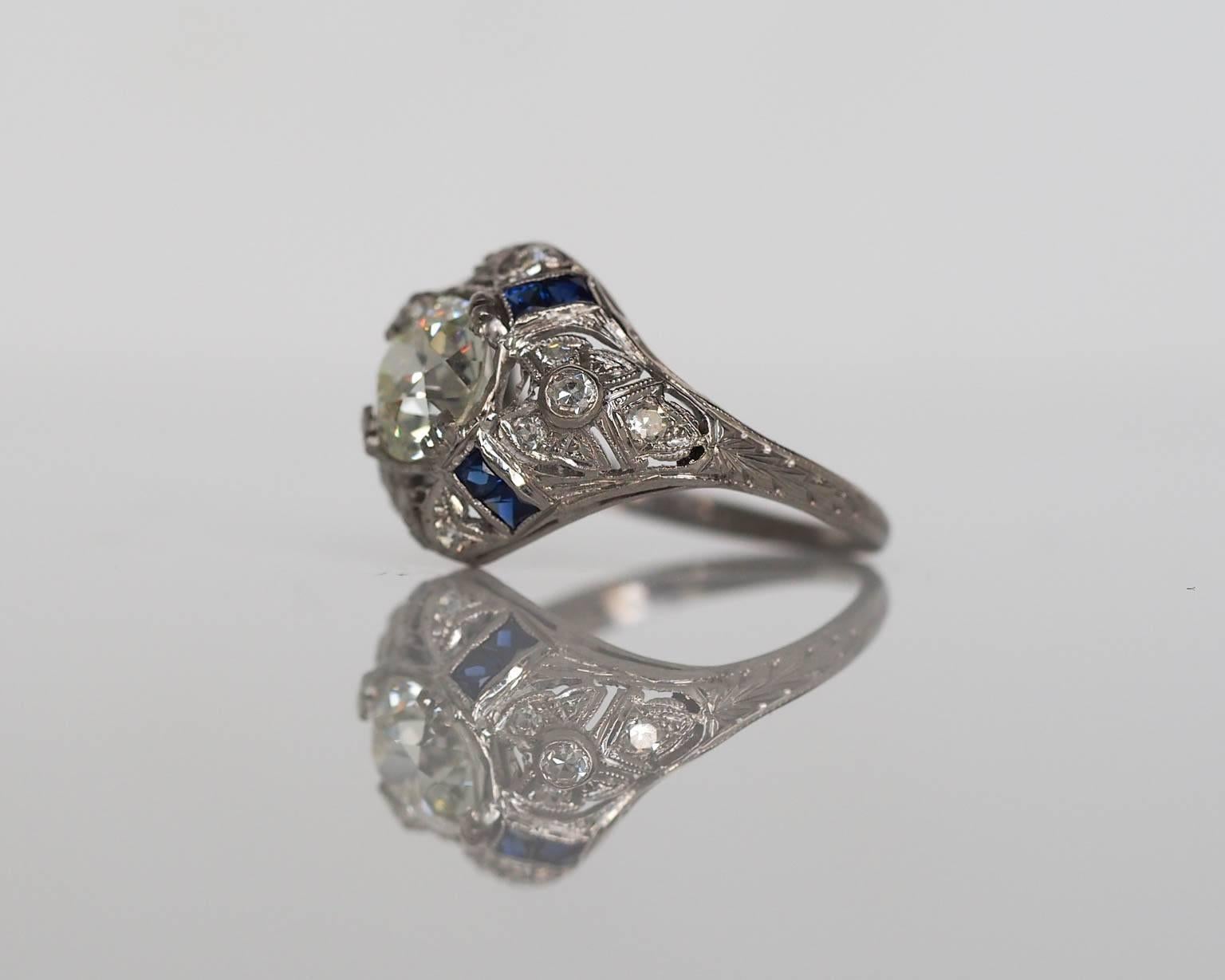 1920s Art Deco 1.67 Carat Old European Diamond Platinum Engagement Ring In Excellent Condition In Atlanta, GA