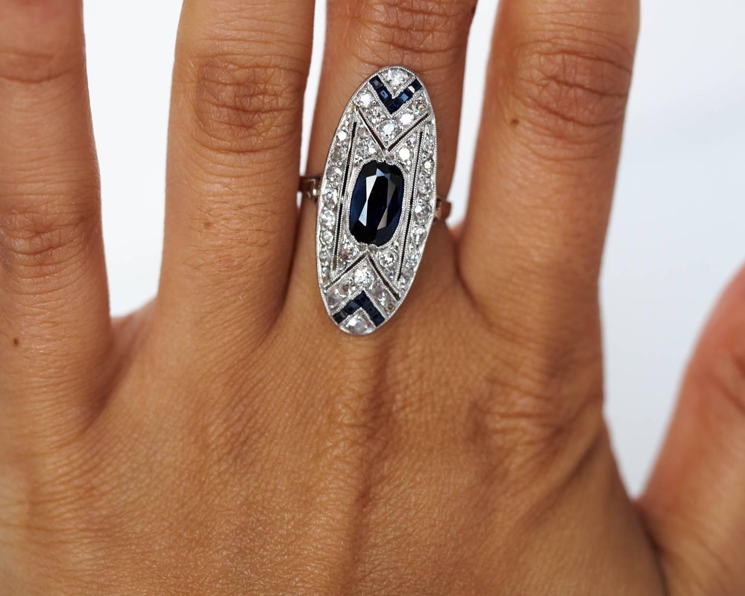 Women's 1920s Art Deco Sapphire Diamond Platinum Shield Ring 