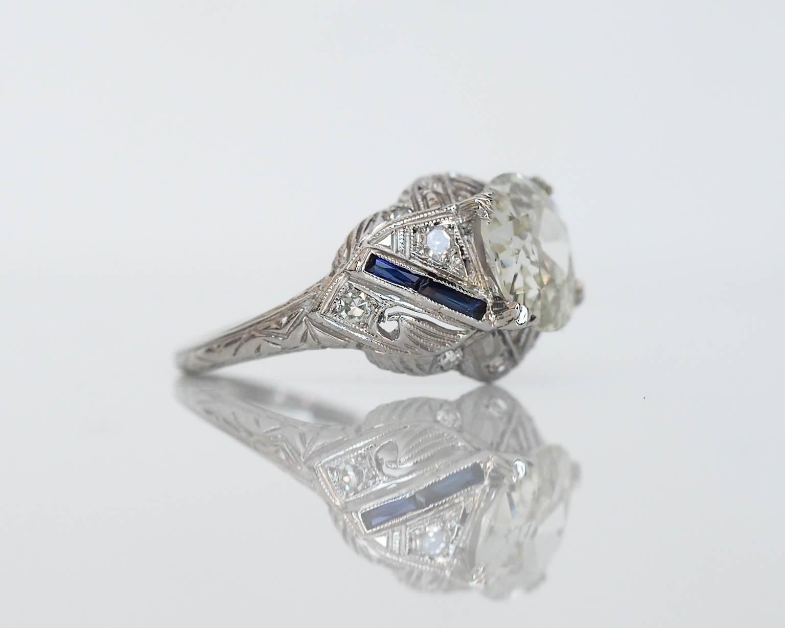 1920s Art Deco 2.22 Carat Old European Diamond Platinum Engagement Ring In Excellent Condition In Atlanta, GA