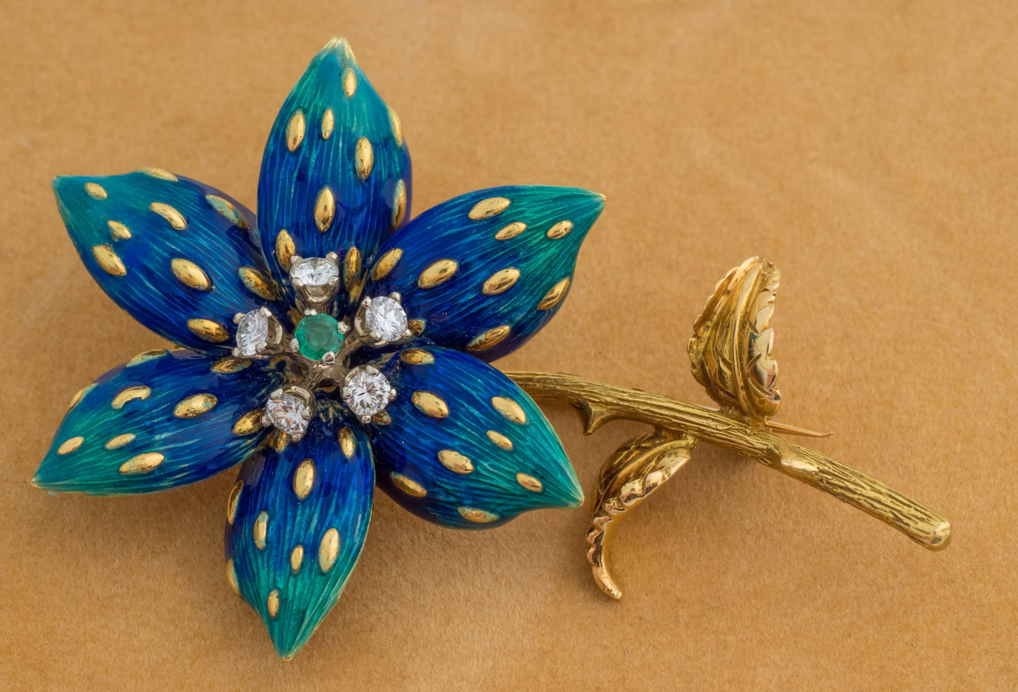 Women's or Men's 1960s Enamel Emerald Diamond Gold Floral Pin Brooch