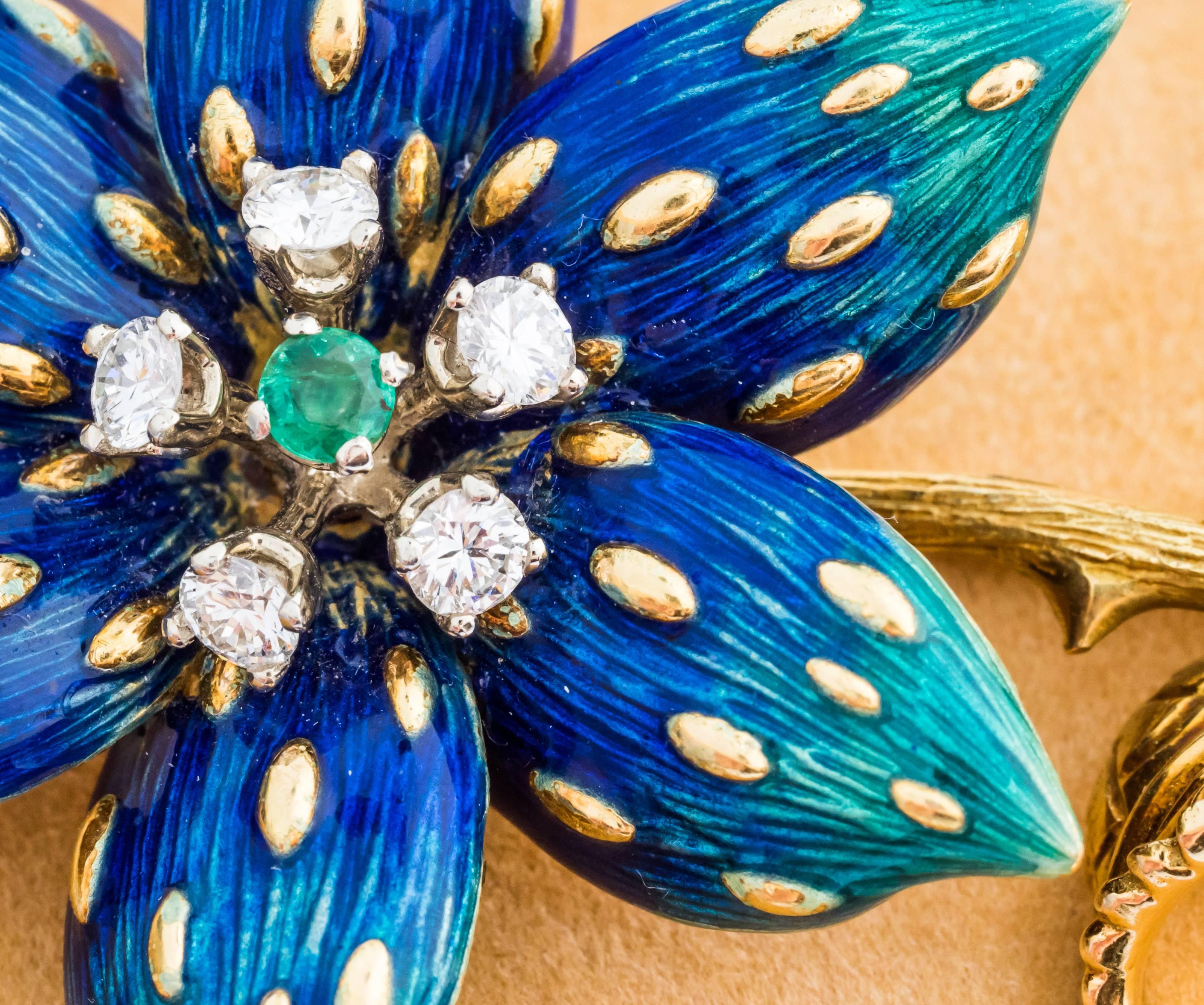 Artisan 1960s Enamel Emerald Diamond Gold Floral Pin Brooch
