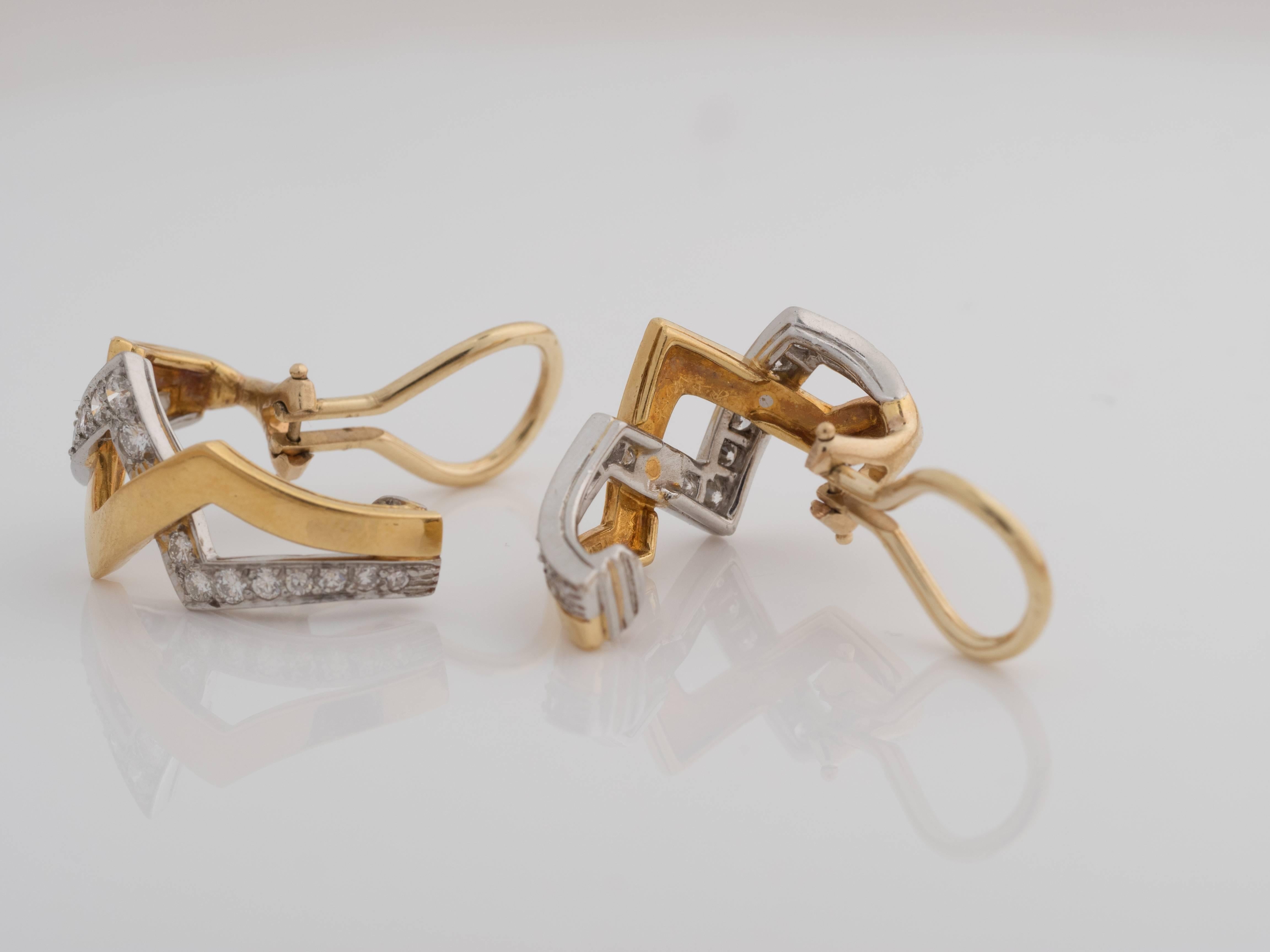 1950s Diamond Gold Platinum Zig-Zag Earrings For Sale 1