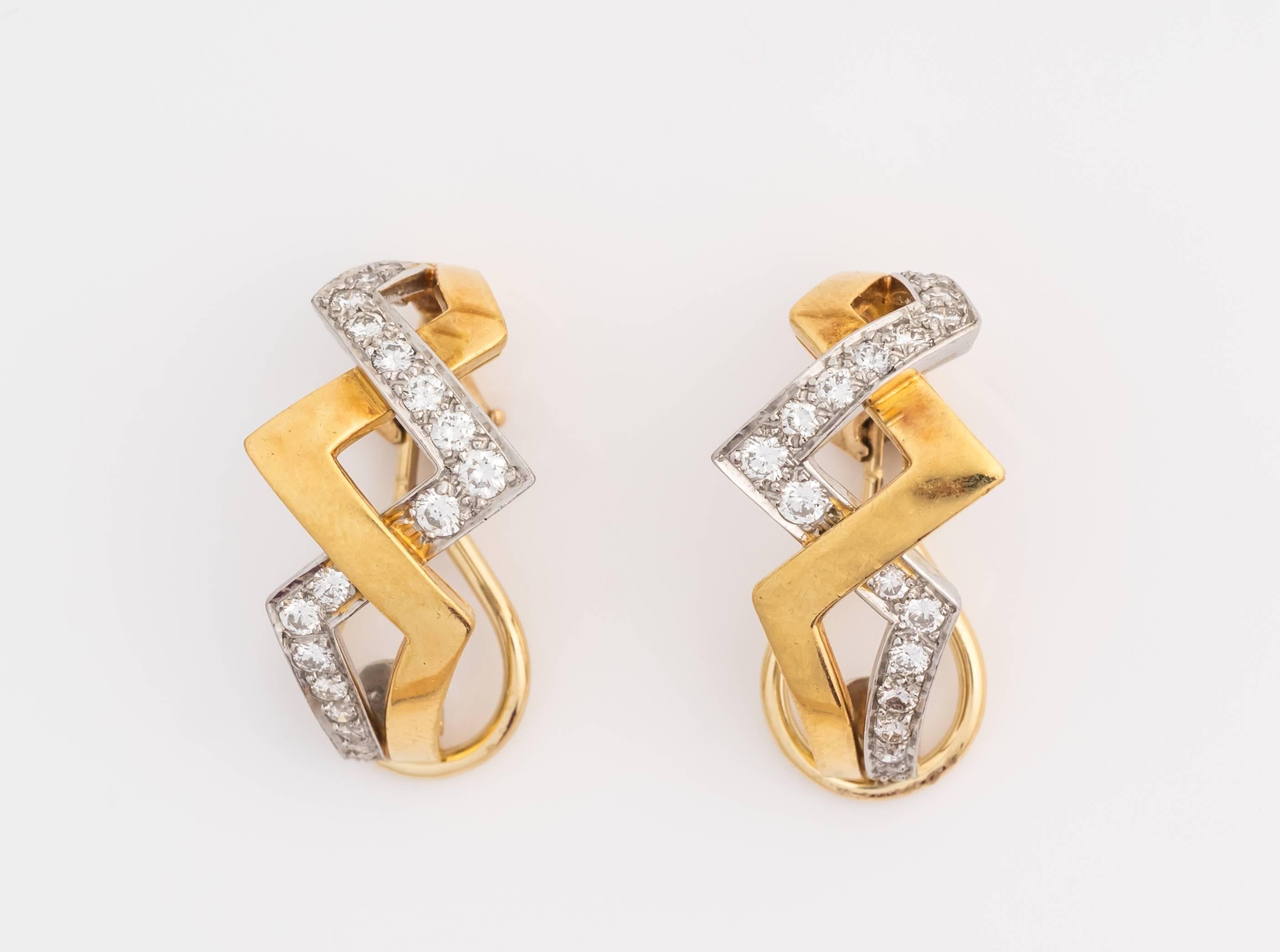 1950s Diamond Gold Platinum Zig-Zag Earrings For Sale 3