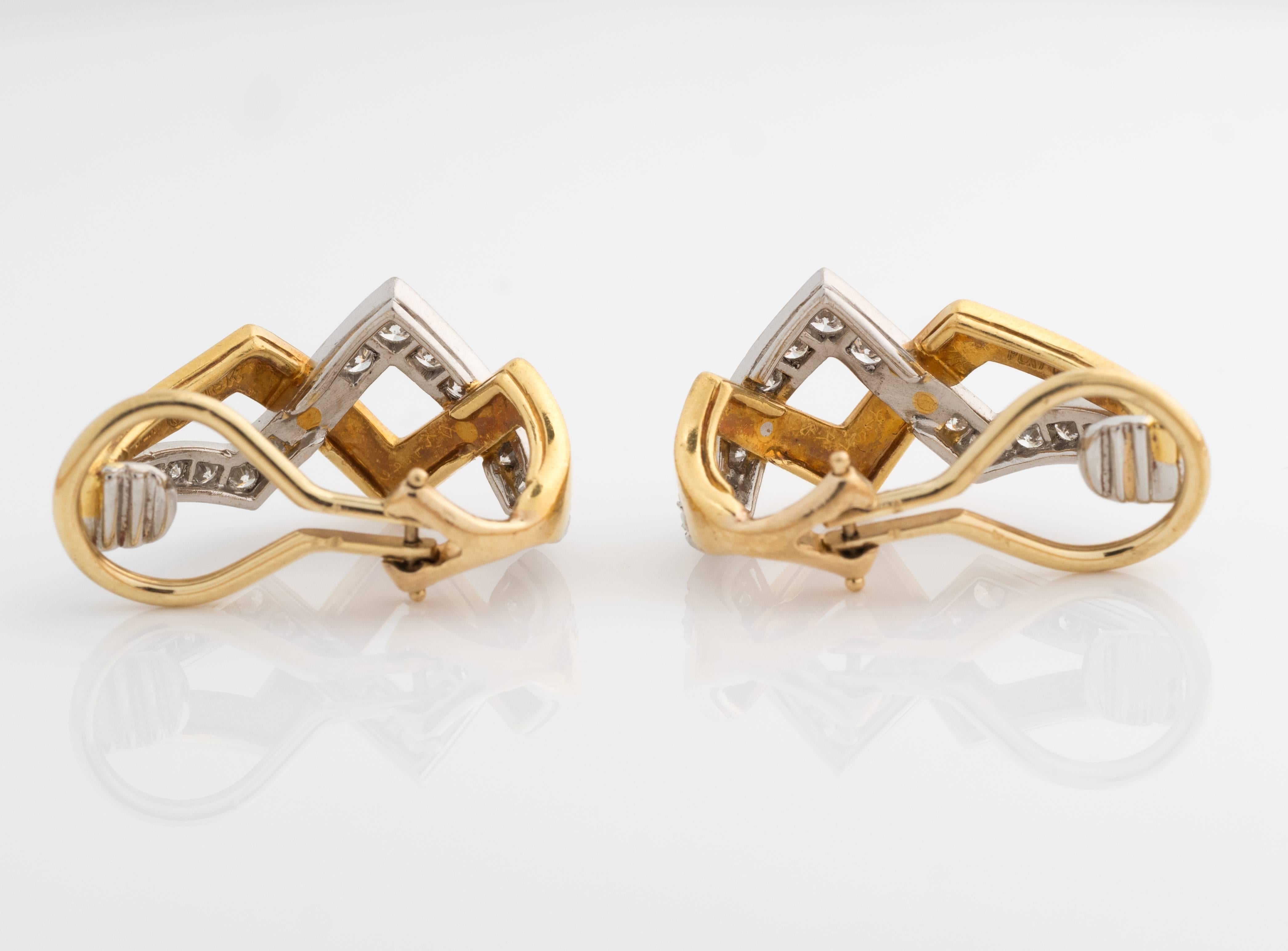 1950s Diamond Gold Platinum Zig-Zag Earrings For Sale 4