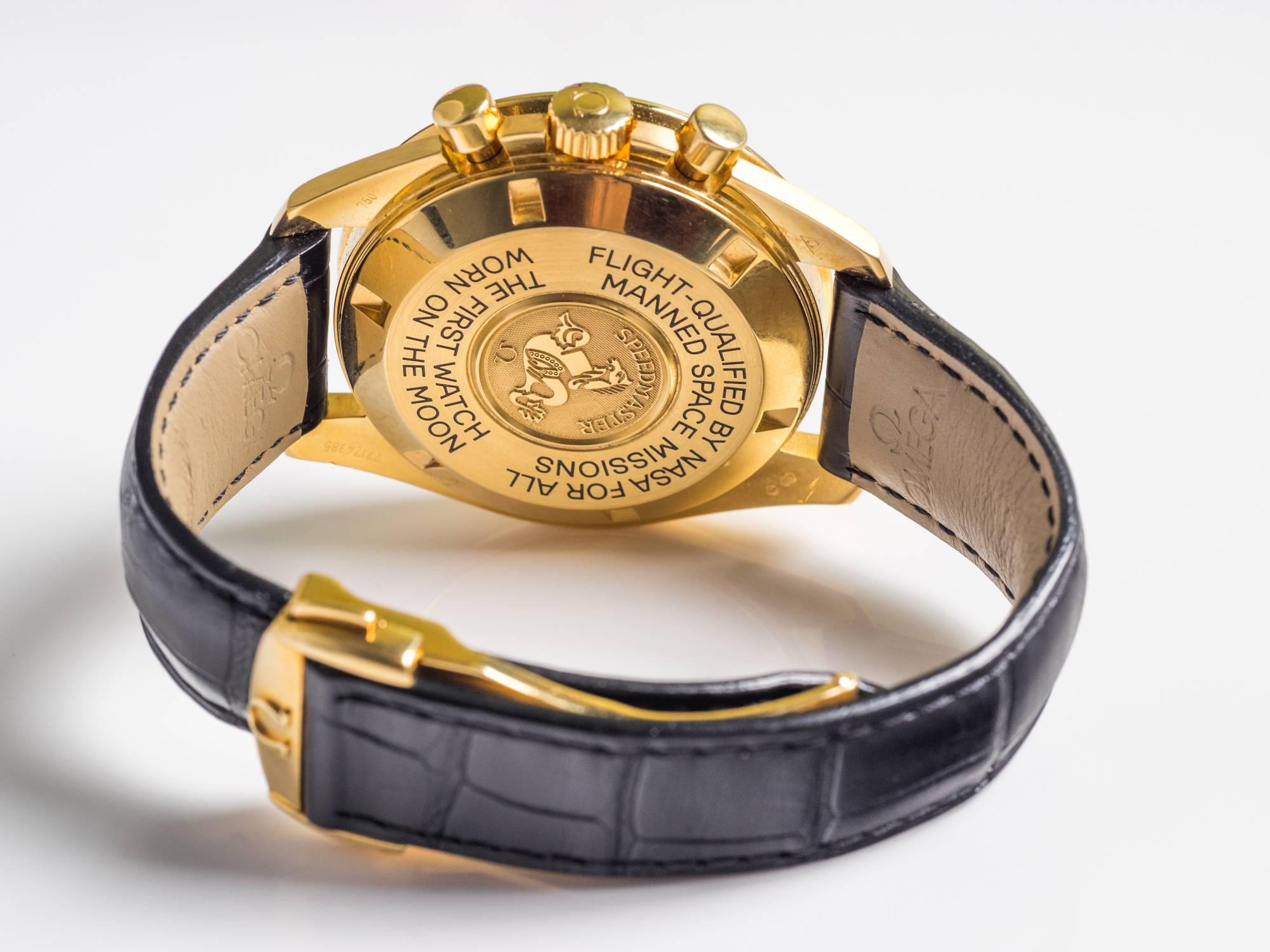 Omega Yellow Gold Speedmaster Professional Moon Chrono Deployment Wristwatch In Excellent Condition In Hicksville, NY