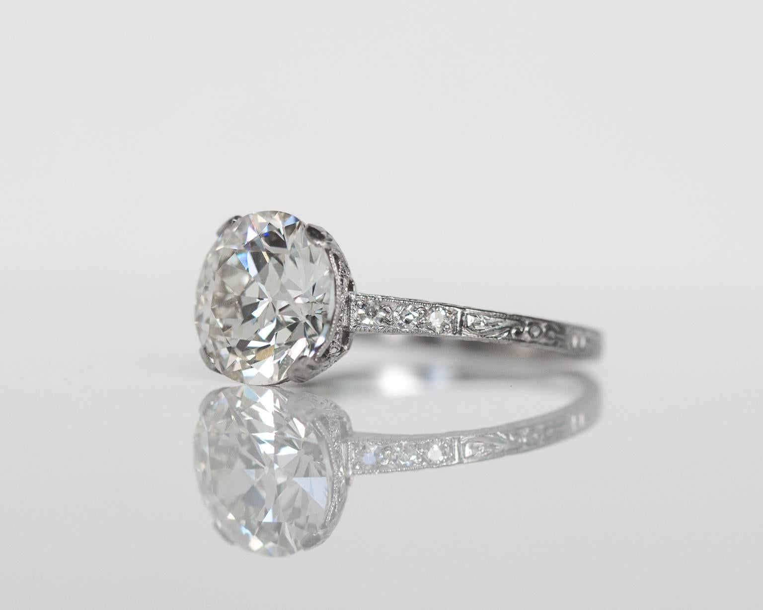 1910s Edwardian GIA certified 3.44 Carat Old European Diamond Platinum Ring In Excellent Condition In Atlanta, GA