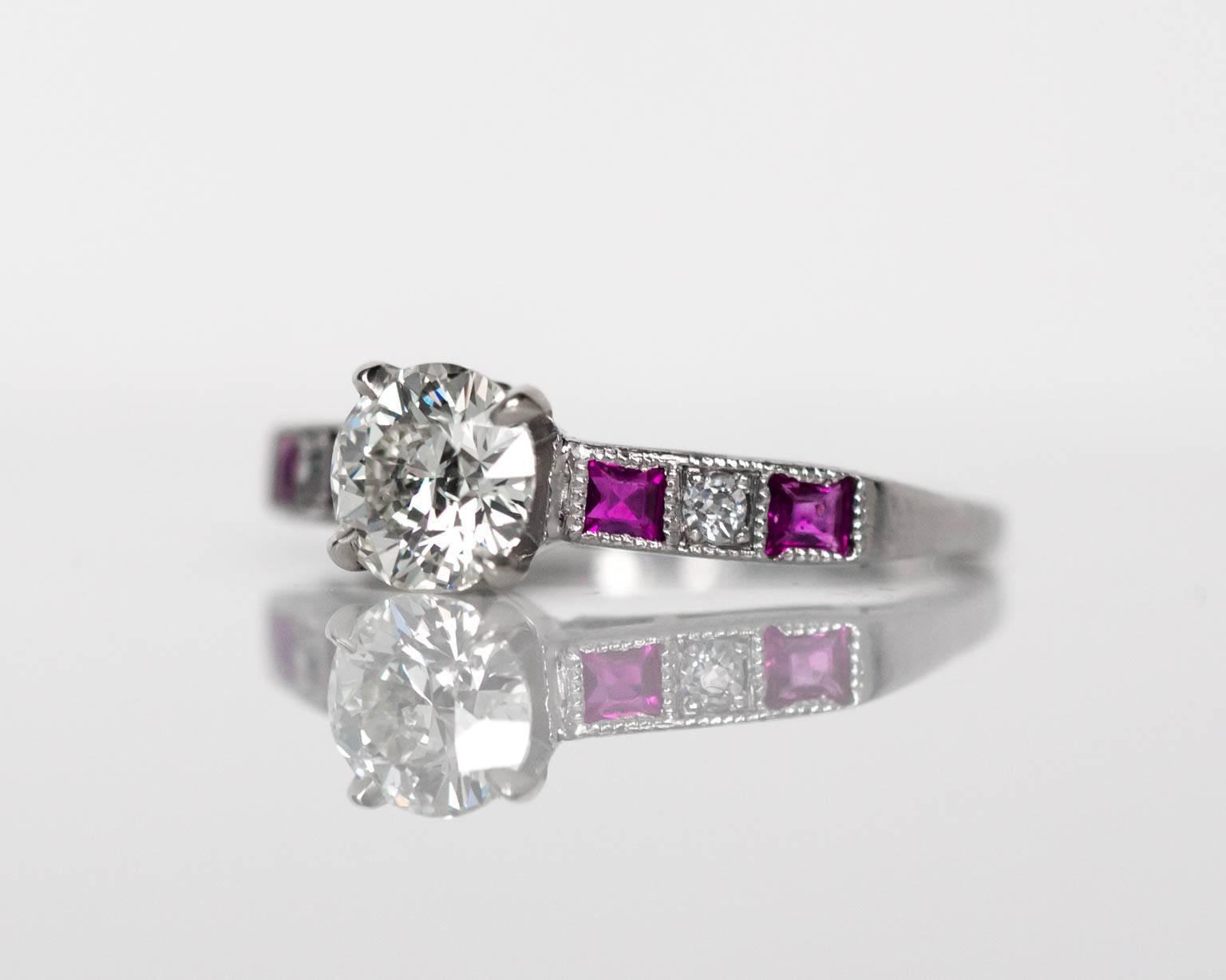 1940s Art Deco 1.01 Carat GIA Certified European Cut Diamond Ruby Platinum Ring For Sale 1