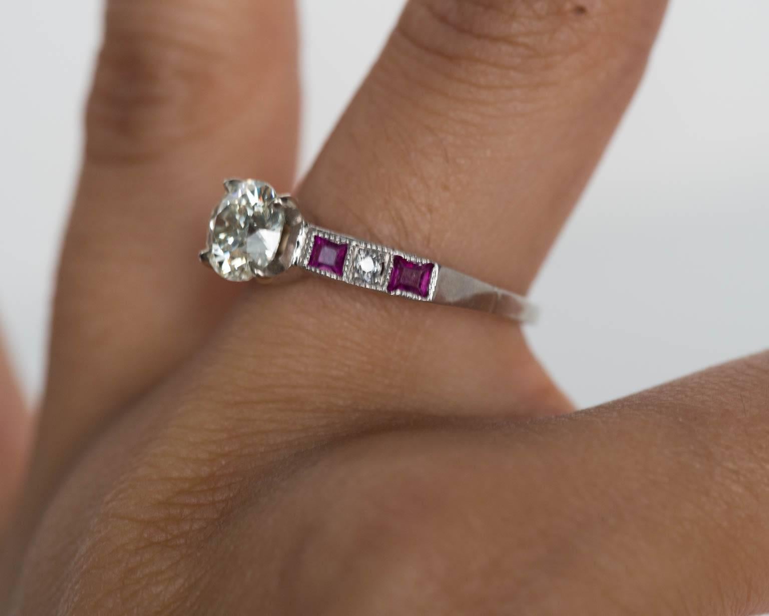 1940s Art Deco 1.01 Carat GIA Certified European Cut Diamond Ruby Platinum Ring For Sale 5