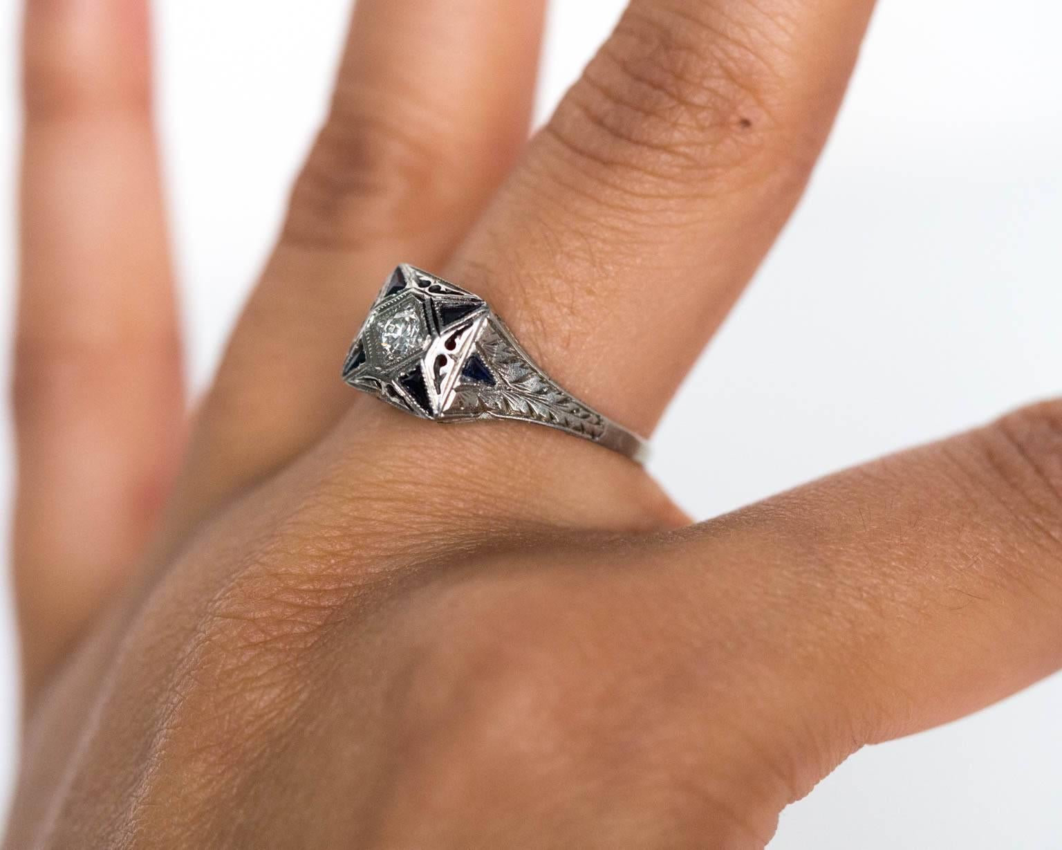 1930s Art Deco Sapphire Diamond Gold Engagement Ring 4