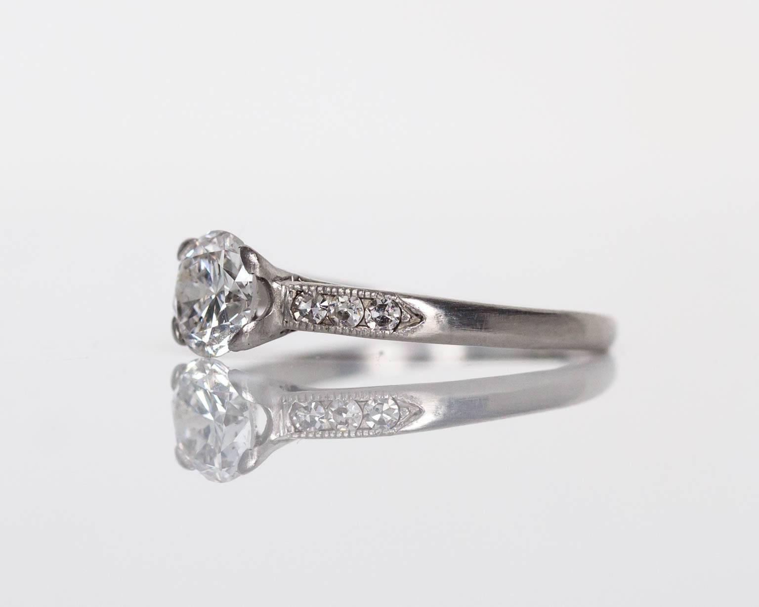 1940s Art Deco GIA Certified .66 Carat Diamond Platinum Engagement Ring In Excellent Condition For Sale In Atlanta, GA