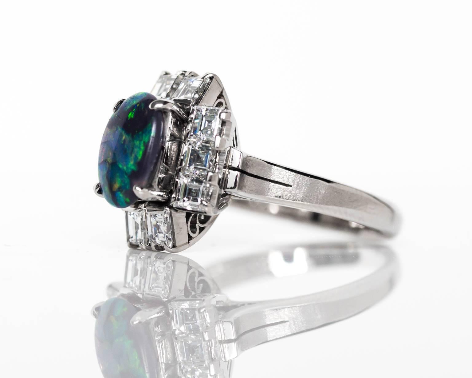 1927 Art Deco Black Neon Green Opal Old Cut Asscher Diamonds Platinum Ring 1