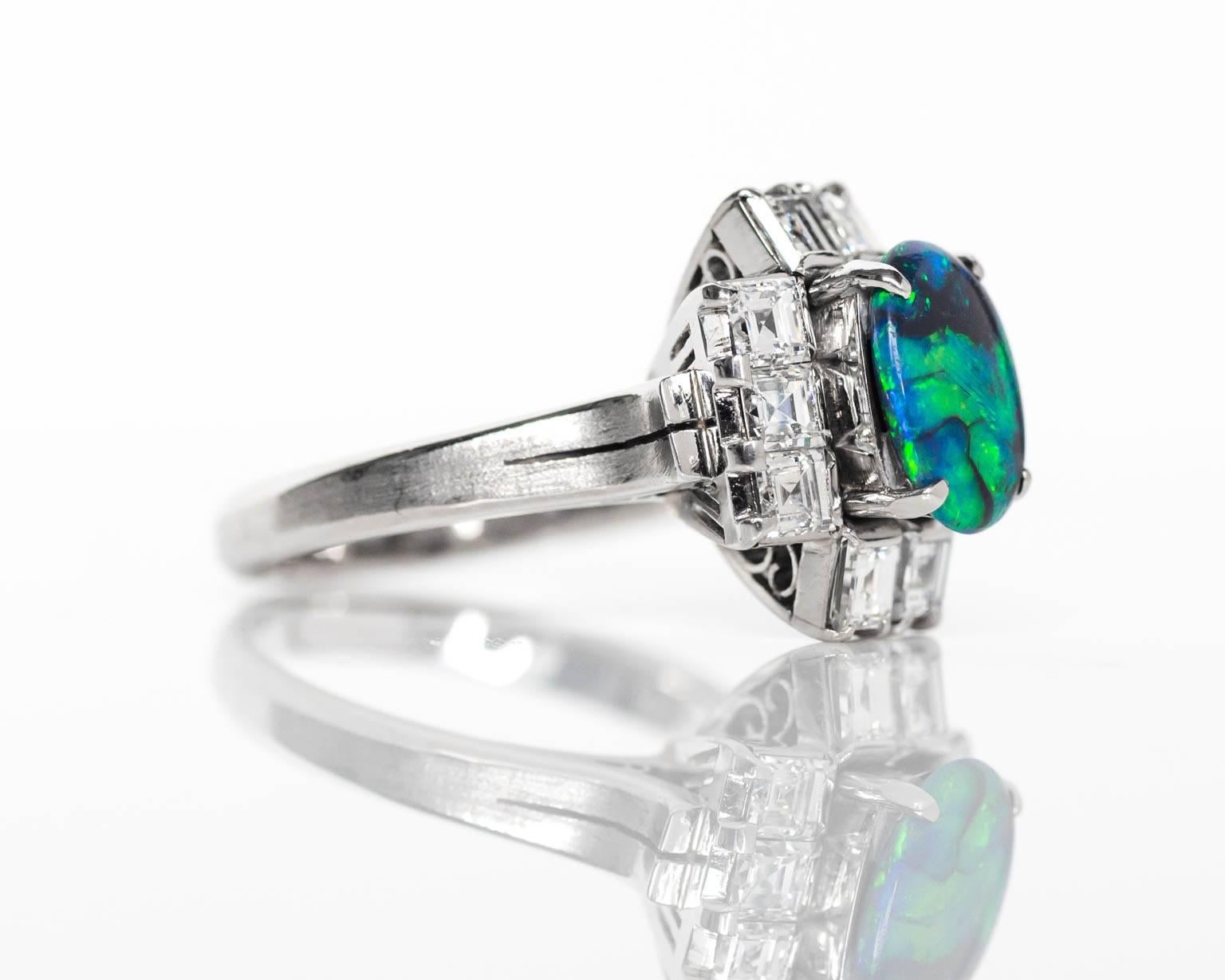 1927 Art Deco Black Neon Green Opal Old Cut Asscher Diamonds Platinum Ring 2
