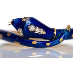 1960s Blue  Enamel Diamond Gold Snake Bangle Bracelet