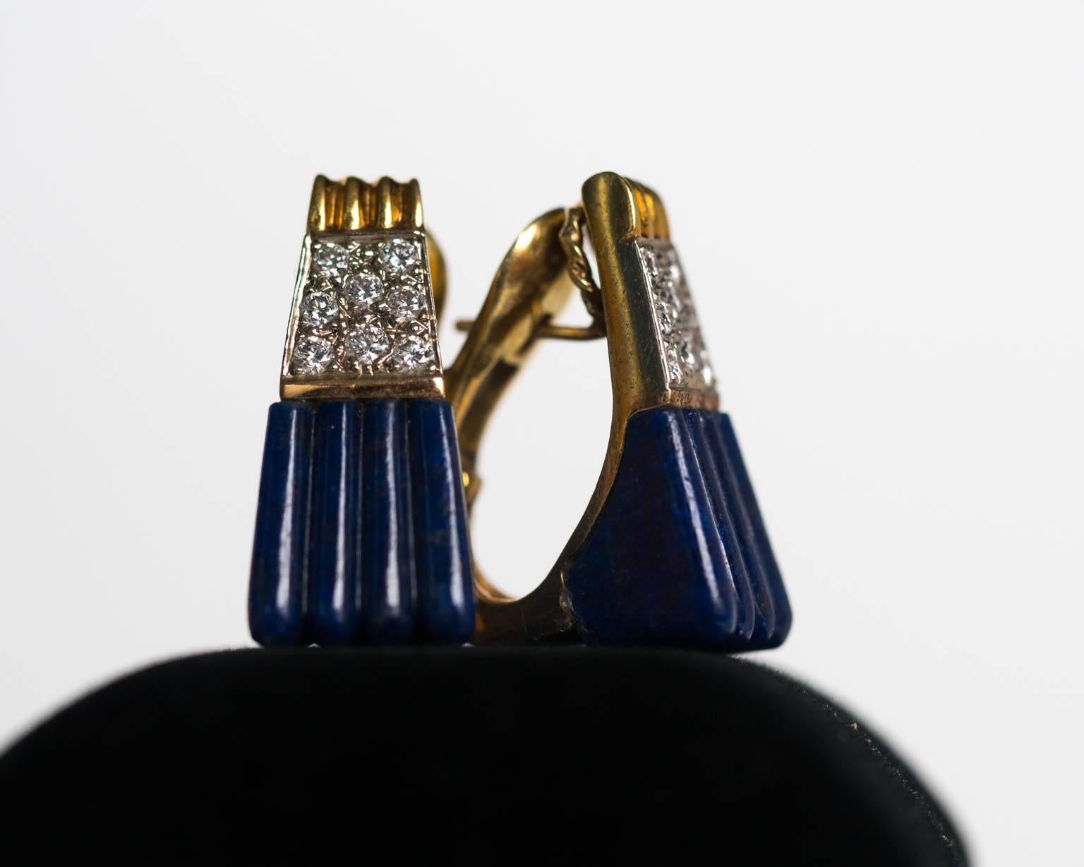 1970s 18K Yellow Gold Lapis & Diamond Retro Earrings 3