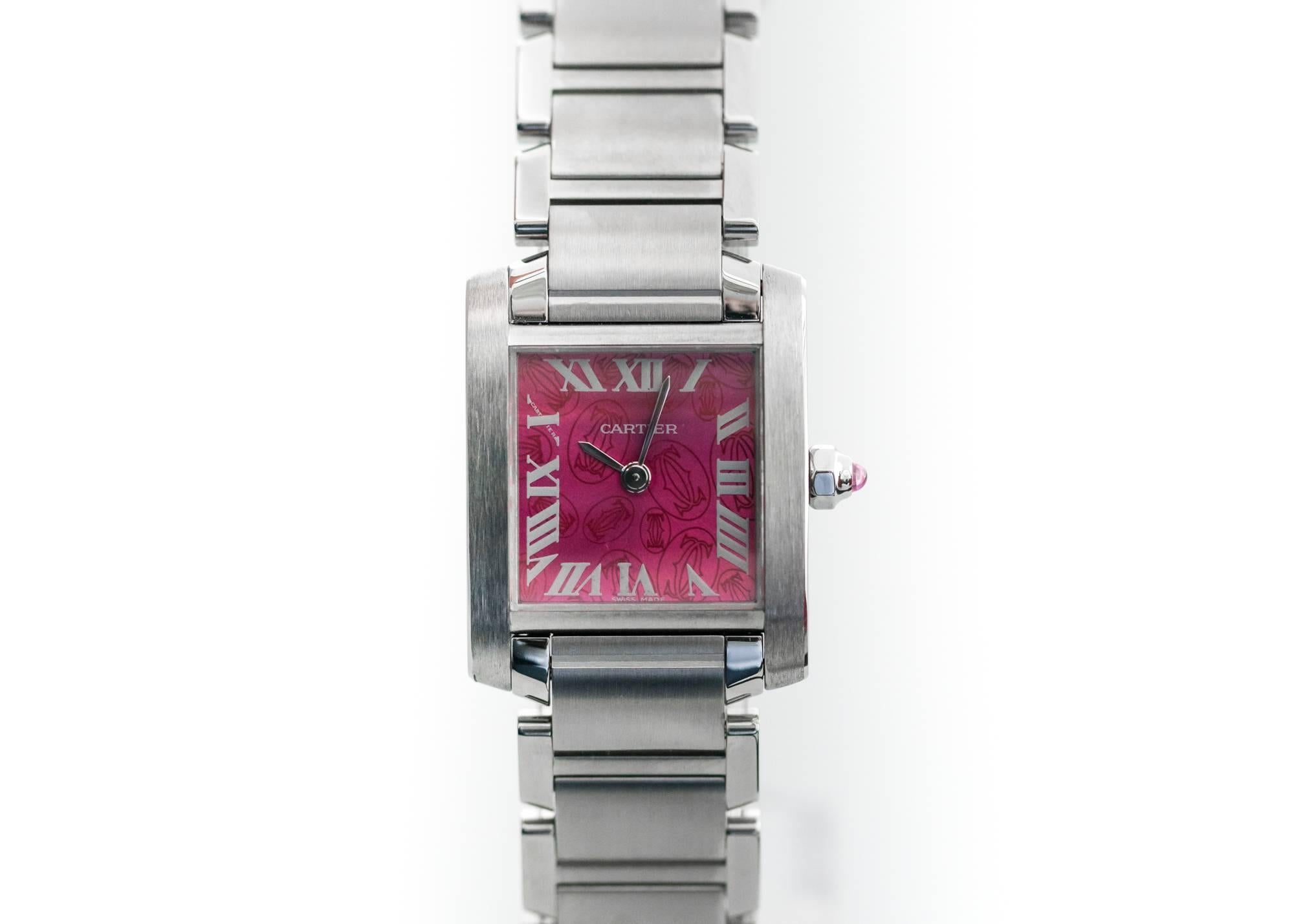 Cartier Stainless Steel Tank Francaise LtdEd Raspberry Quartz Wristwatch In Excellent Condition In Atlanta, GA