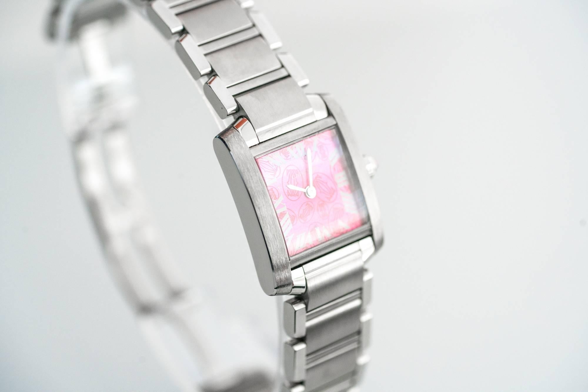 Cartier Stainless Steel Tank Francaise LtdEd Raspberry Quartz Wristwatch 3