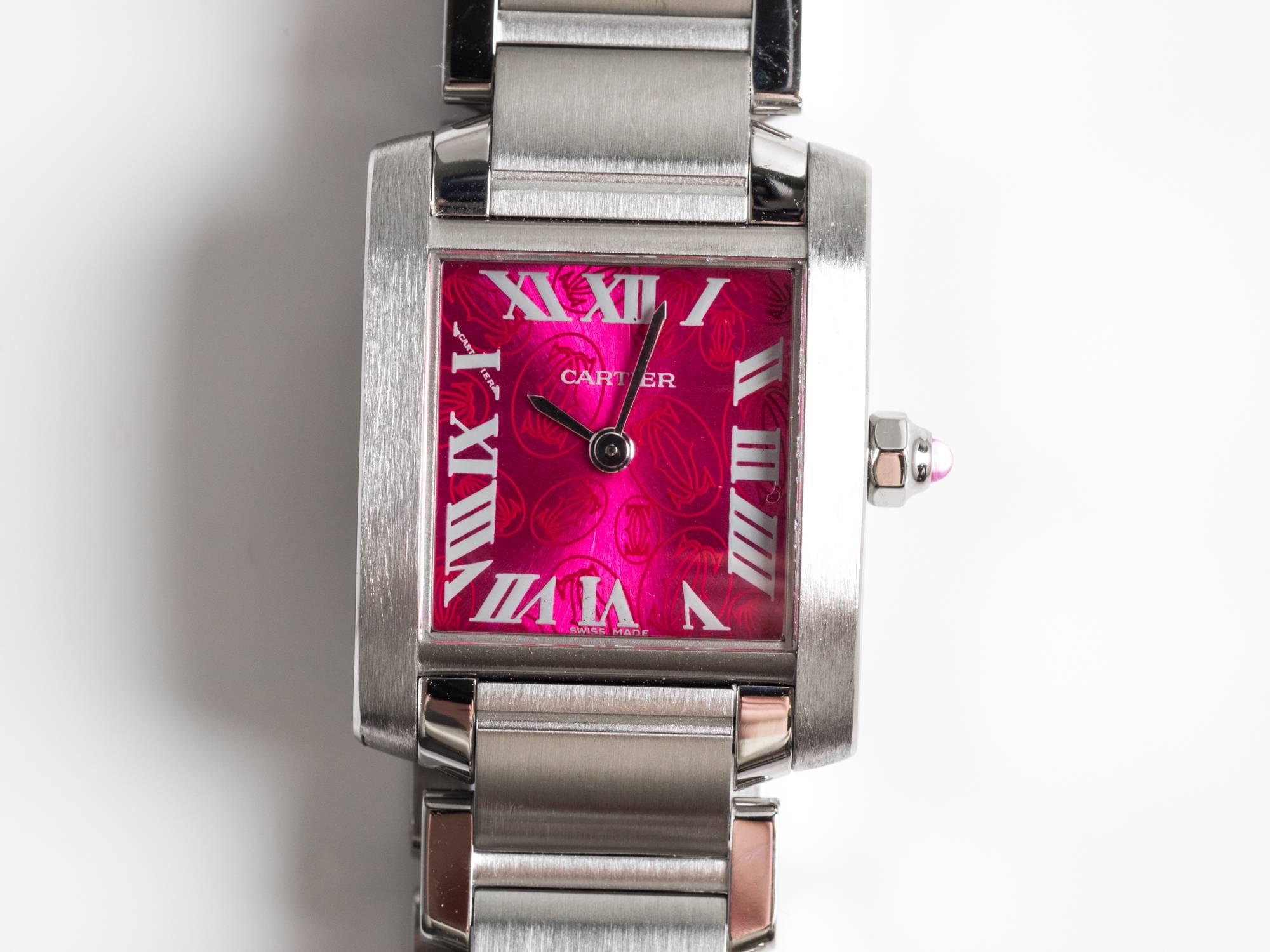 Cartier Stainless Steel Tank Francaise LtdEd Raspberry Quartz Wristwatch 1