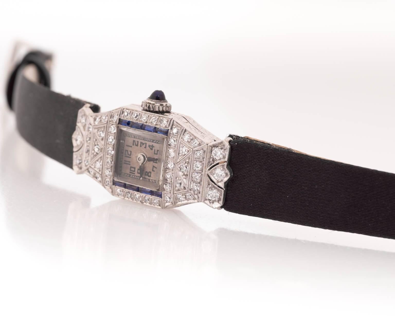 Women's or Men's Art Deco Ladies Platinum Diamond Sapphire Wristwatch