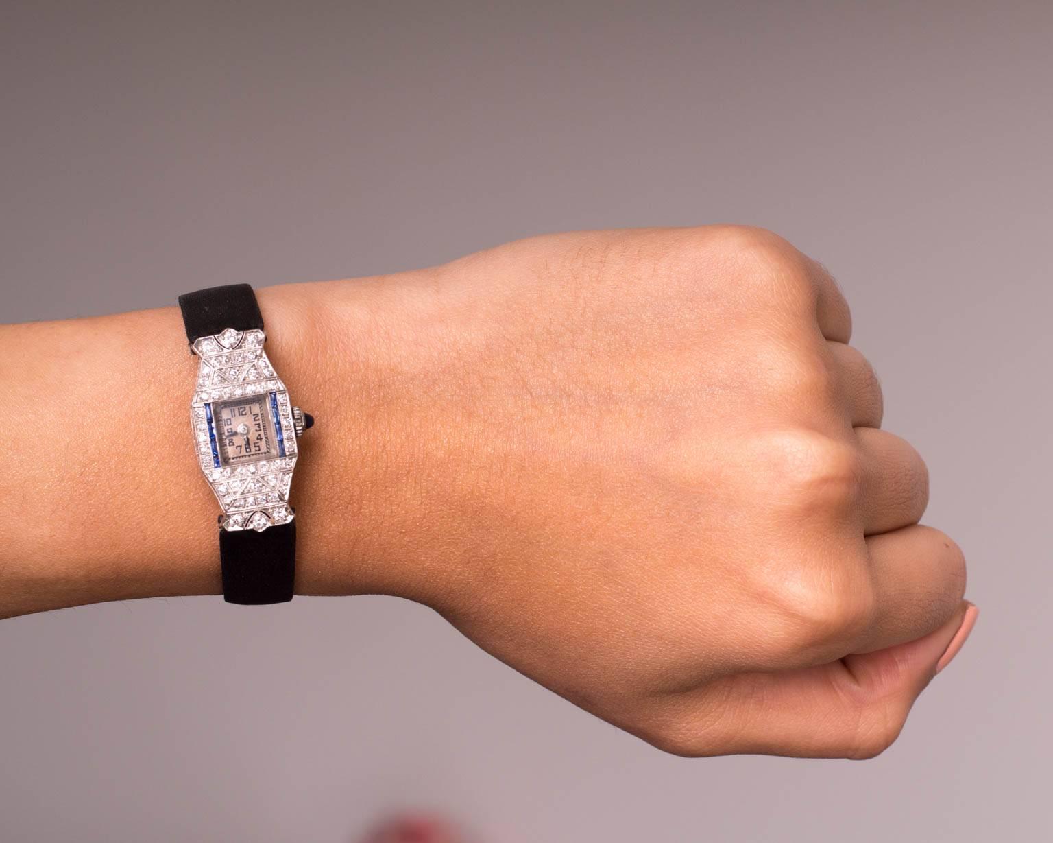 Art Deco Ladies Platinum Diamond Sapphire Wristwatch 1