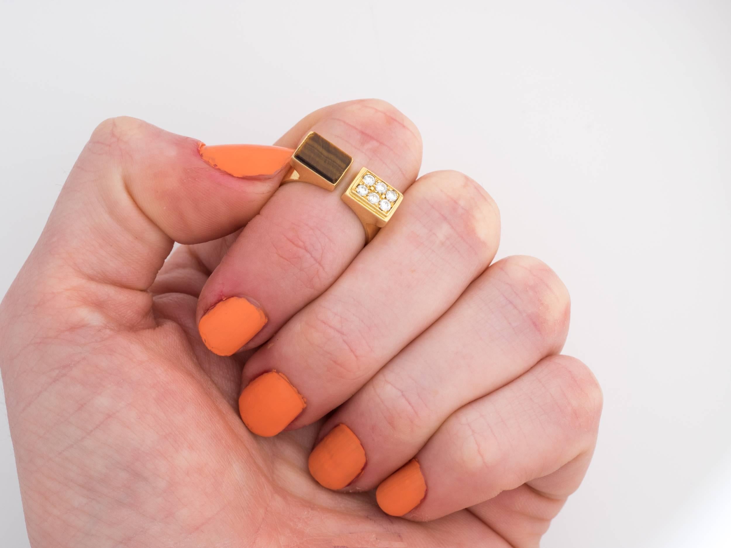 1950s Cartier Retro Tiger Eye Diamond Gold Open Horseshoe Ring In Excellent Condition In Hicksville, NY