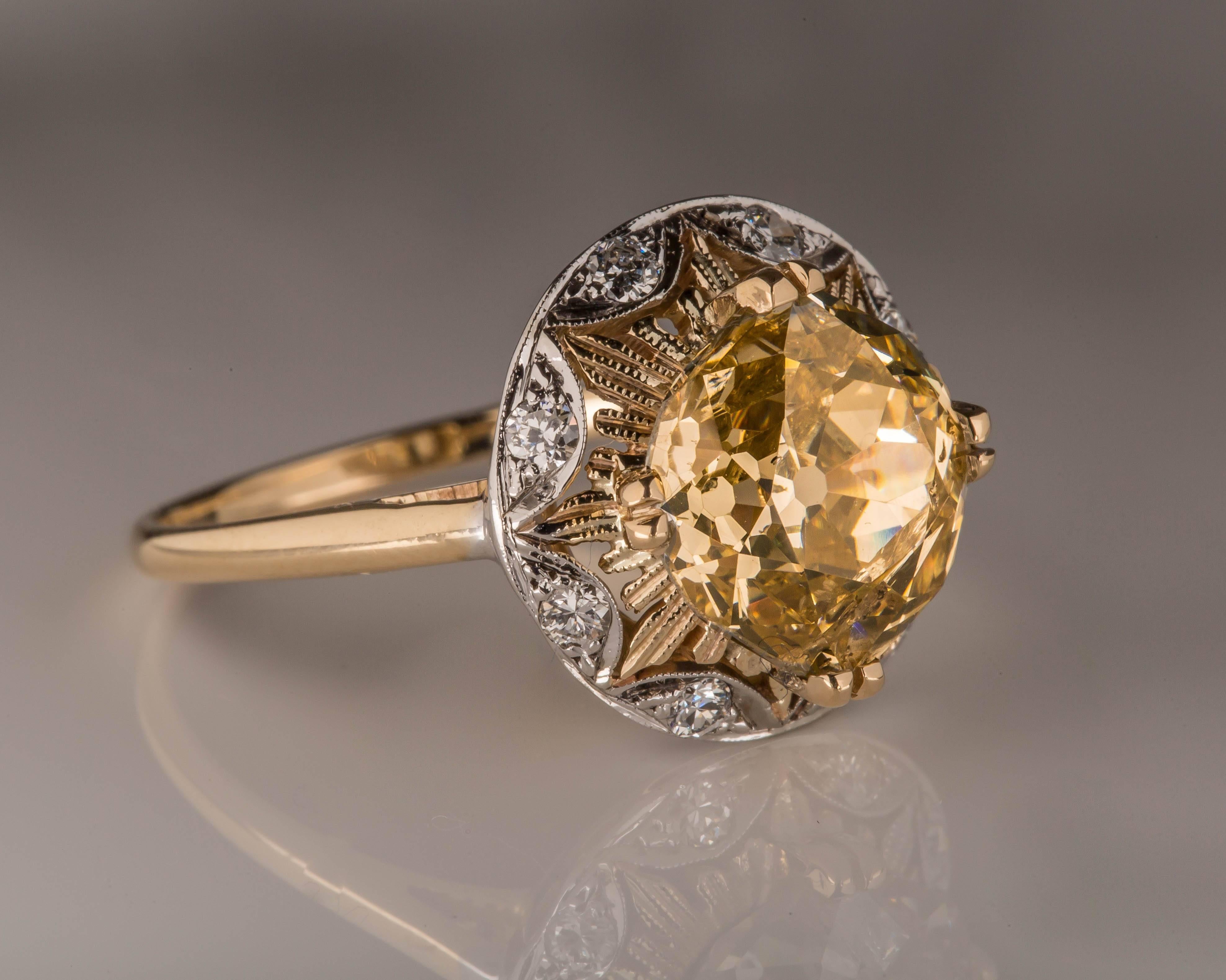 3.88 Carat Natural Fancy Yellow Old Cushion Cut Diamonds Gold Ring In Excellent Condition In Atlanta, GA