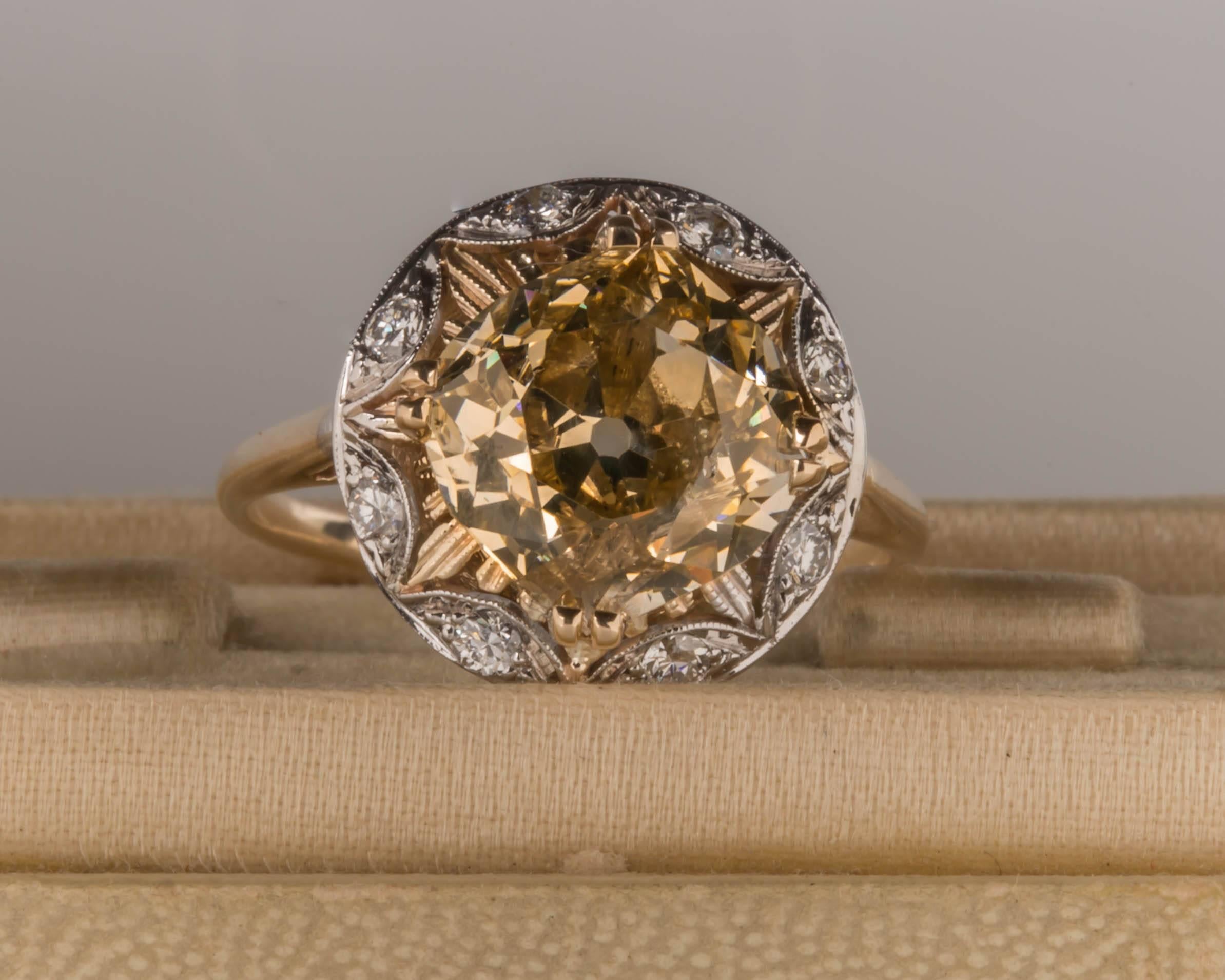 3.88 Carat Natural Fancy Yellow Old Cushion Cut Diamonds Gold Ring 1