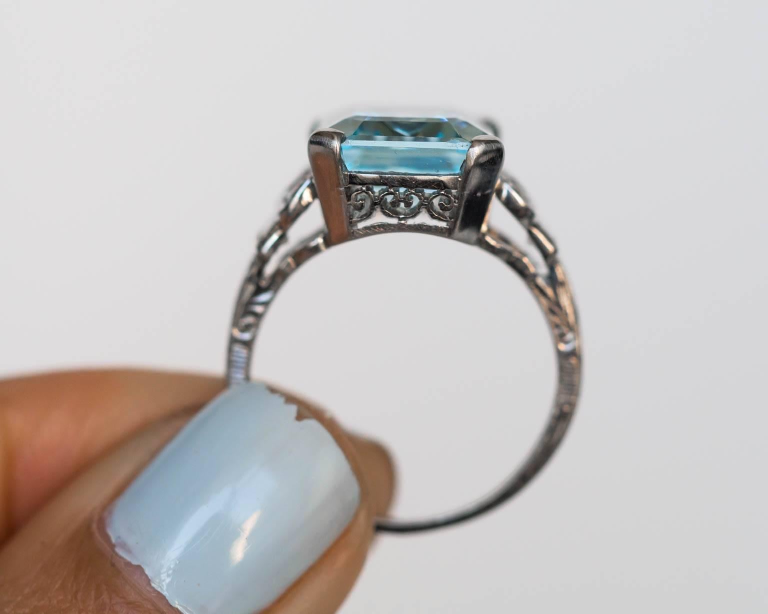 1920s Art Deco Platinum 8.00carat London Blue Topaz Engagement Ring In Excellent Condition In Atlanta, GA
