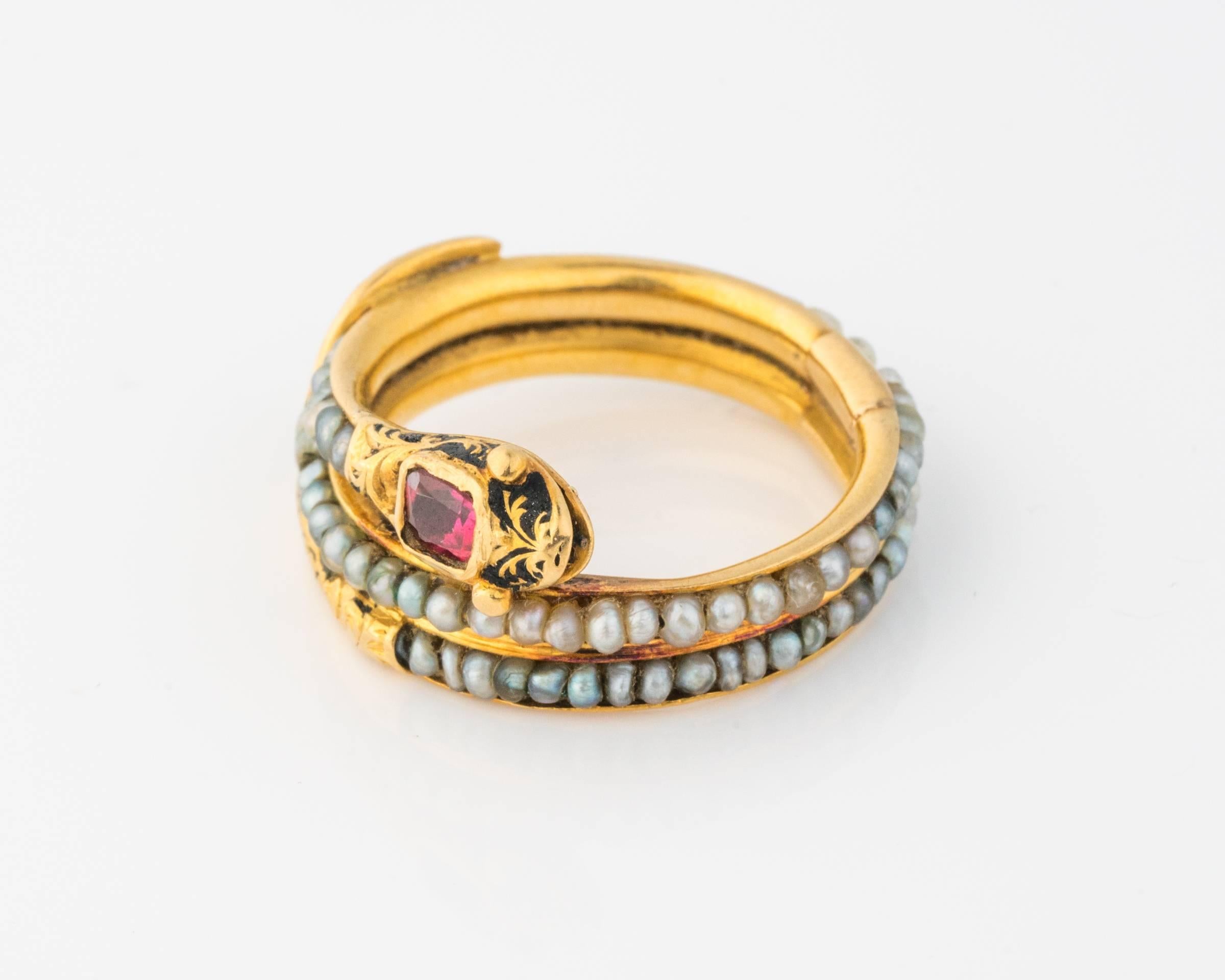 Victorian Era Mourning Serpent Gold Ring Featuring Ruby and Seed Pearls 1