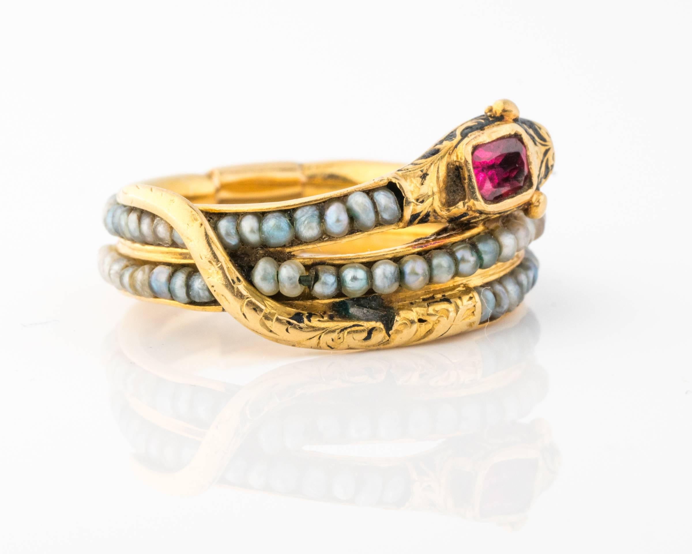 Women's Victorian Era Mourning Serpent Gold Ring Featuring Ruby and Seed Pearls
