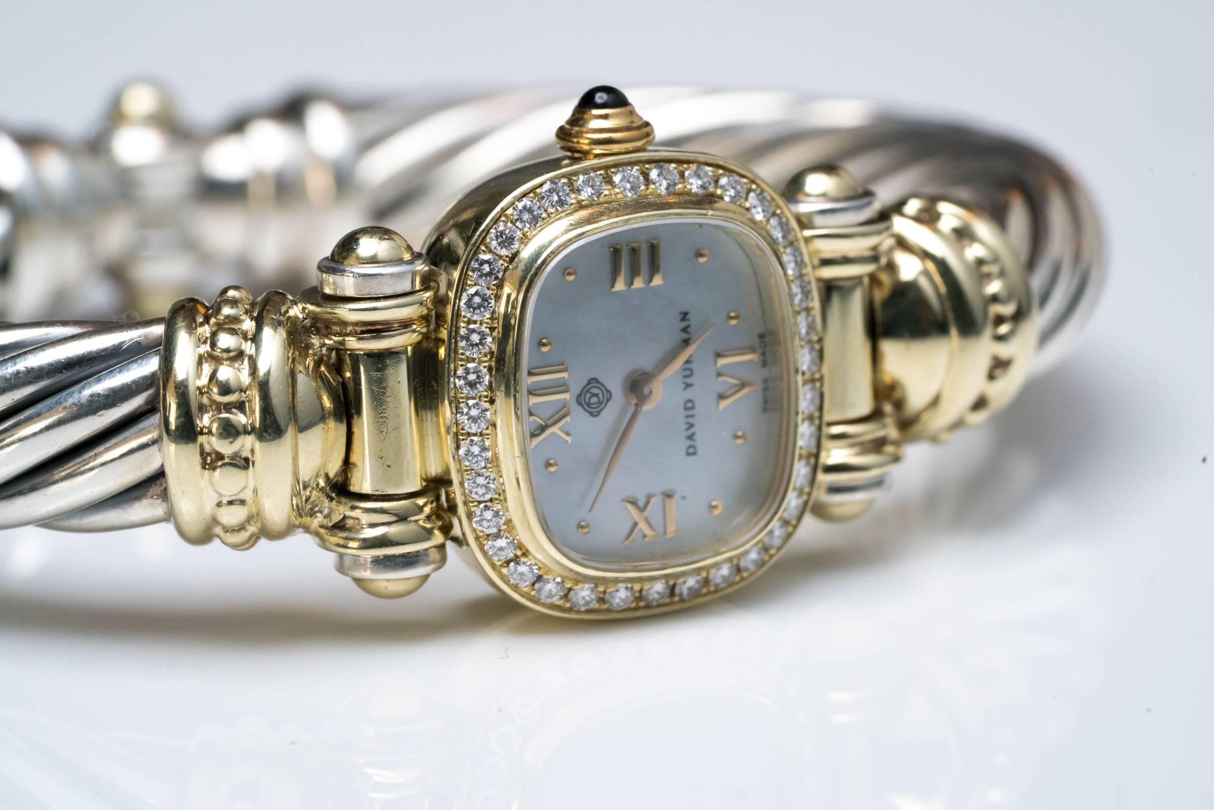 Modern David Yurman Ladies Yellow Gold Silver Diamonds Mother-of-Pearl Wristwatch
