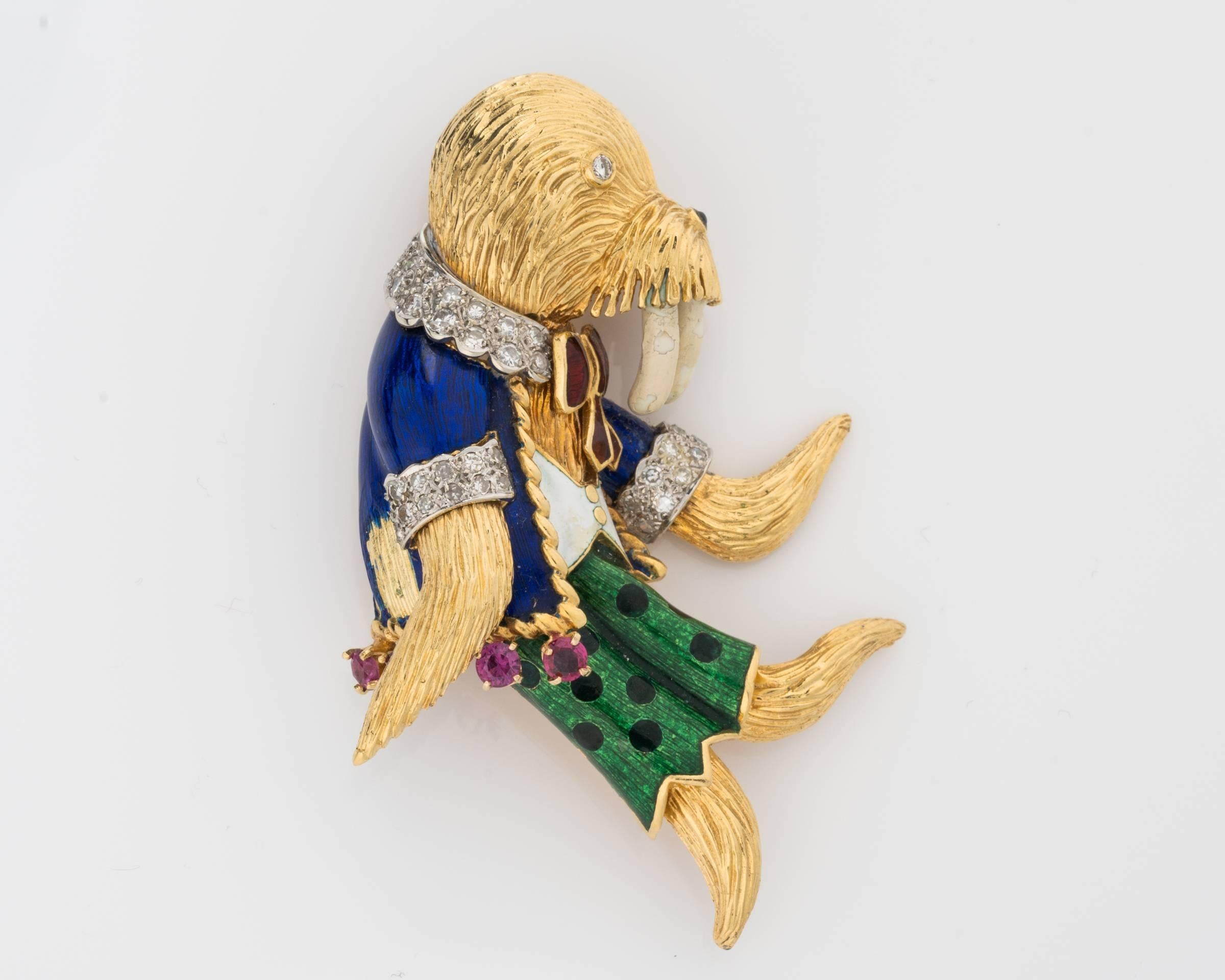 A flashback from a childhood fairy tale, this pin is extraordinary with intricate enamel, gold and diamond work done by hand. Retro vintage, belonging to circa 1950s, the enamel on this is in great condition with minor chipping on the walrus teeth.