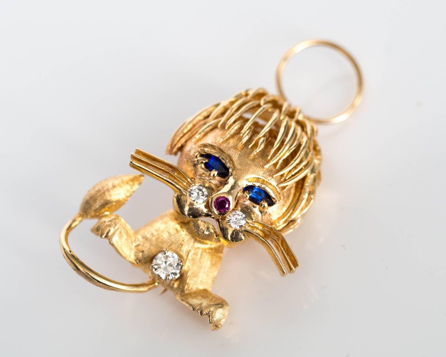 1970s 14K Yellow Gold Baby Lion Pin with Natural Ruby and Natural Sapphires  2