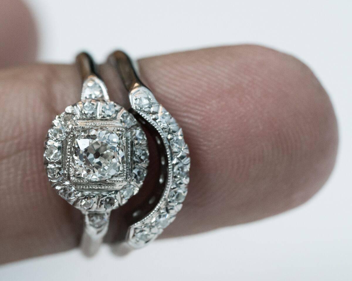 Antique Diamond Bridal Wedding Set 0.78 Carat, GIA Certified In Excellent Condition In Hicksville, NY