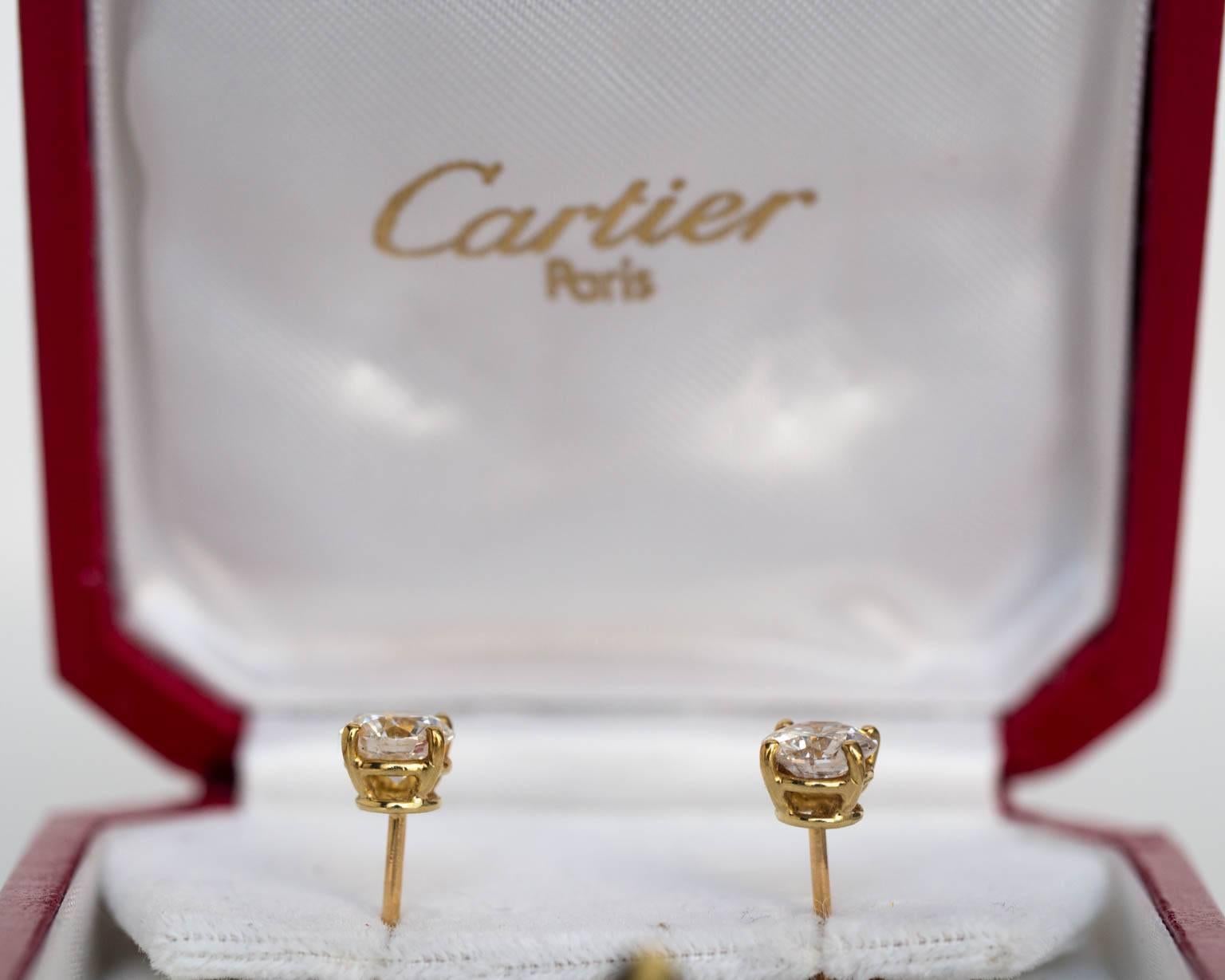 2010 18K Yellow Gold Cartier Diamond Solitaire Earrings 2