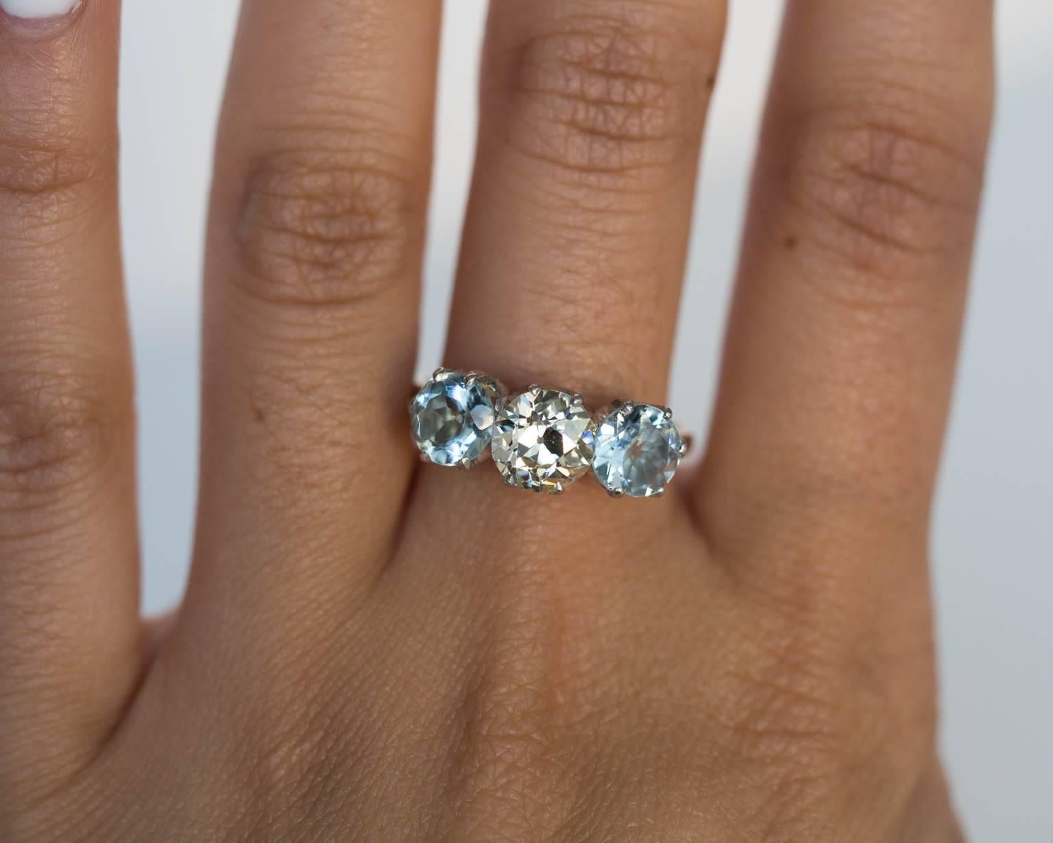 1910 Edwardian Gold Engagement Ring with 1.05 Carat Diamond and Aquamarines 2
