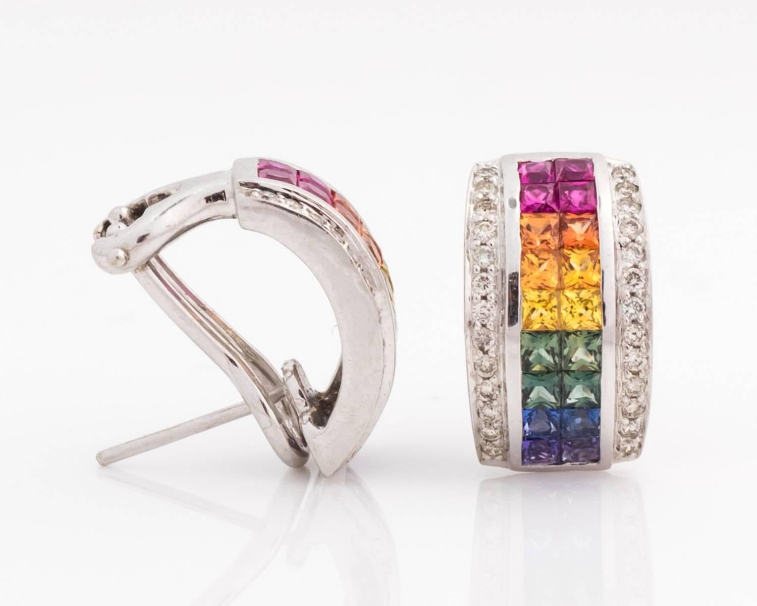 1990s Rainbow Sapphire & Diamond 2 carats Clip-Back 18 karat White Gold Earrings In Good Condition In Atlanta, GA