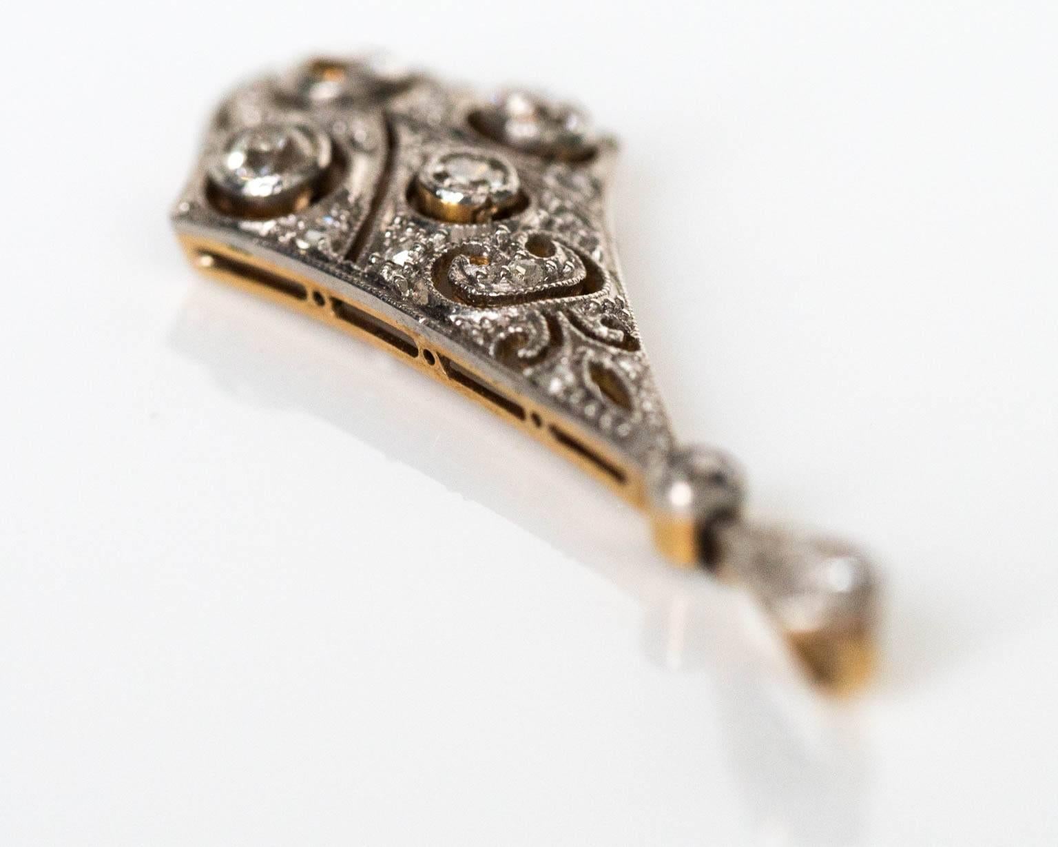 Women's 1920s Art Deco Platinum and Yellow Gold Pendant with Diamonds