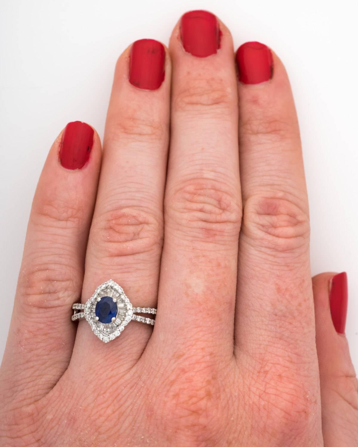 Women's or Men's Blue Sapphire and Diamond 18 Karat White Gold Cluster Ring
