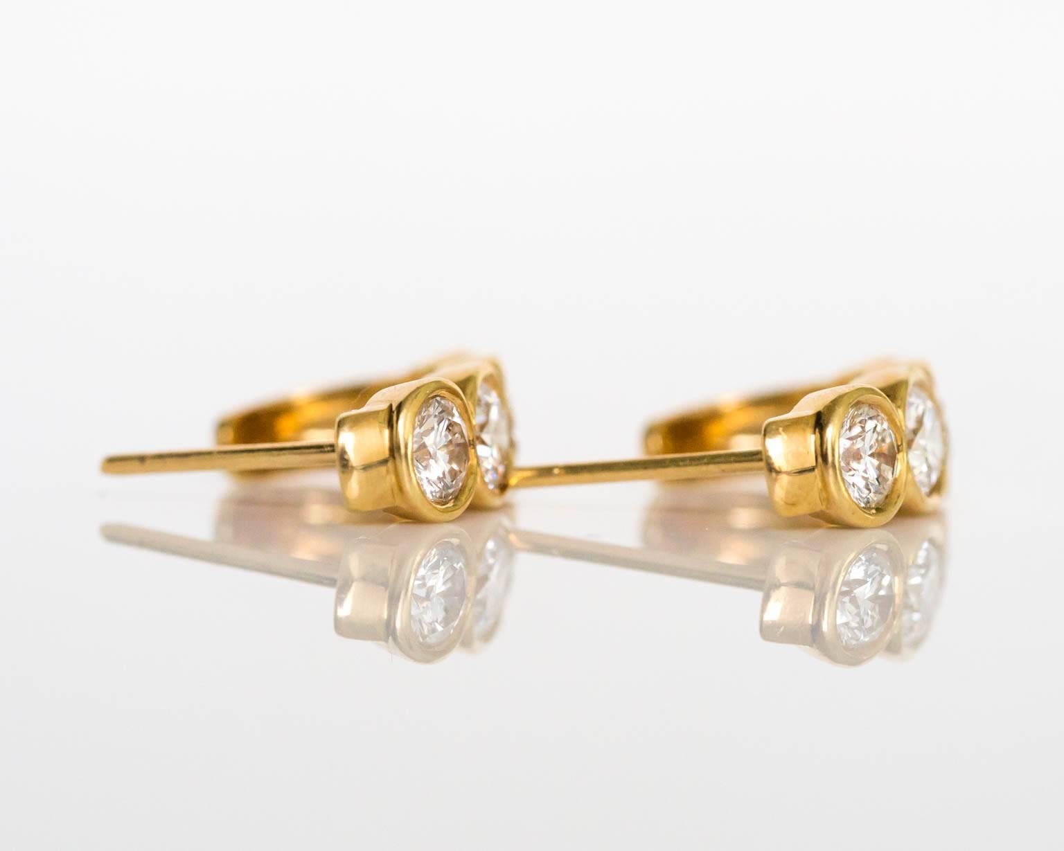 Modern 2000s Yellow Gold Round Brilliant Cut Diamond Earrings 