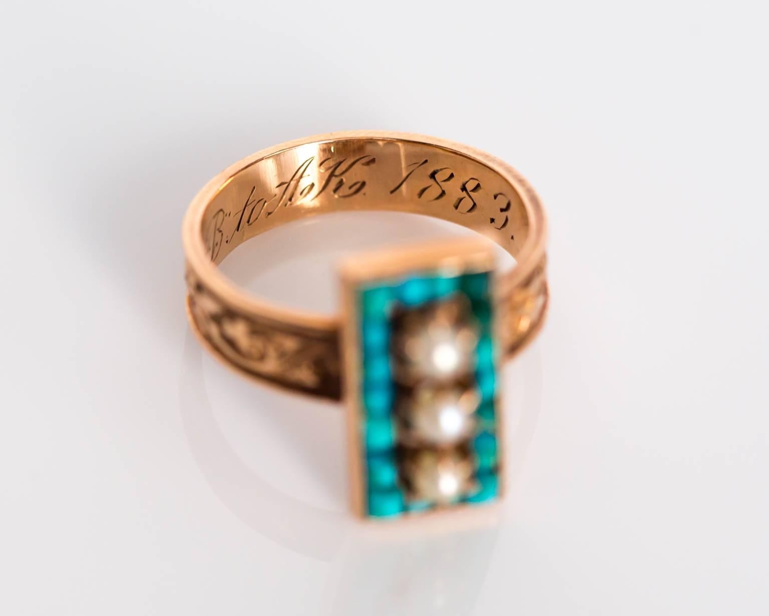 1883 Victorian Turquoise & Three Pearl Gold Ring 2