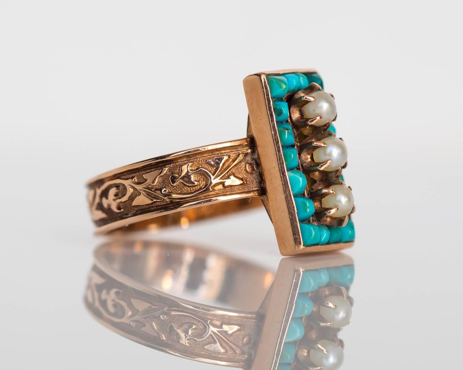 1883 Victorian Turquoise & Three Pearl Gold Ring In Excellent Condition In Atlanta, GA