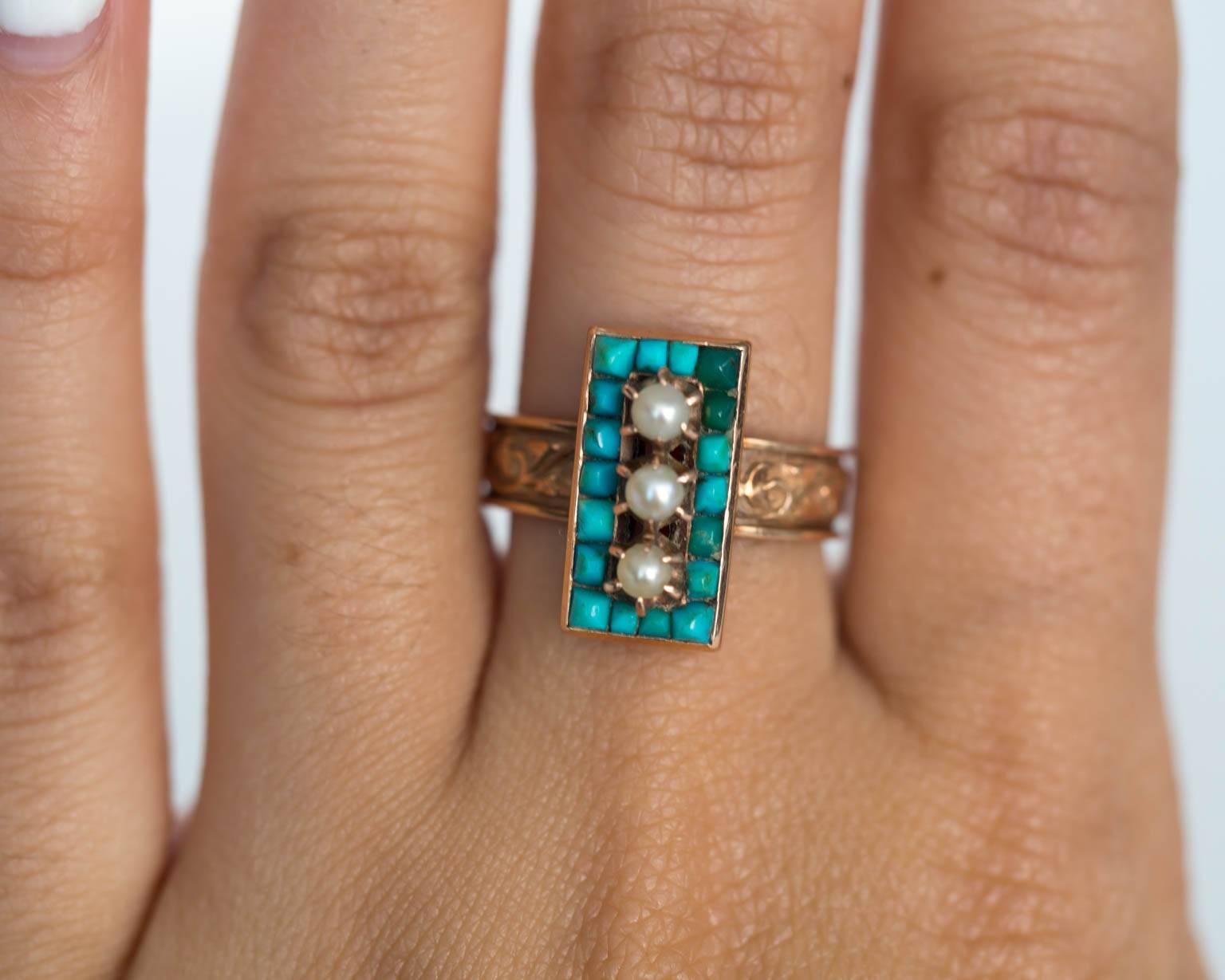 1883 Victorian Turquoise & Three Pearl Gold Ring 4