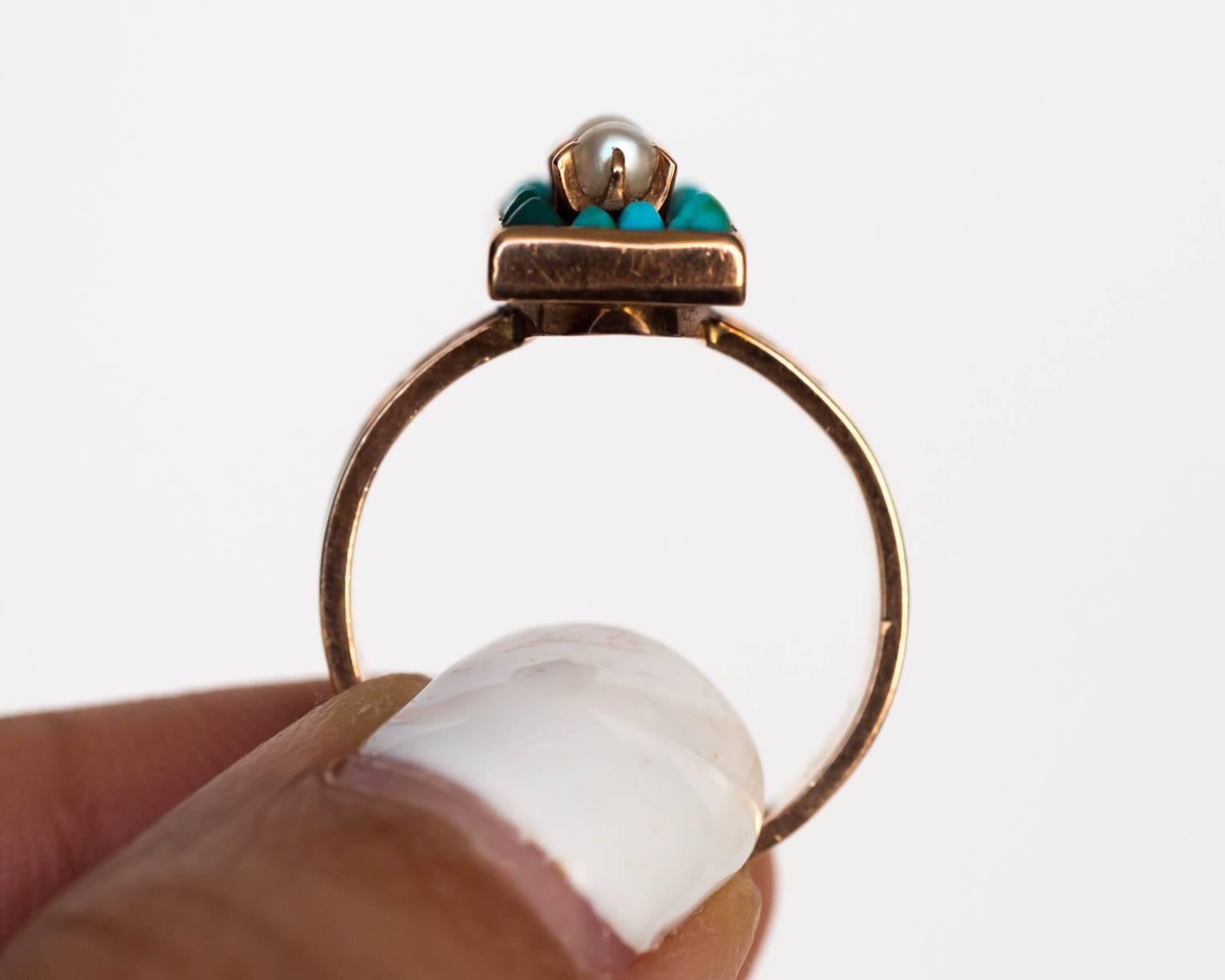 1883 Victorian Turquoise & Three Pearl Gold Ring 3