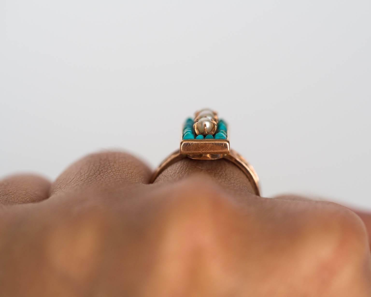 1883 Victorian Turquoise & Three Pearl Gold Ring 6