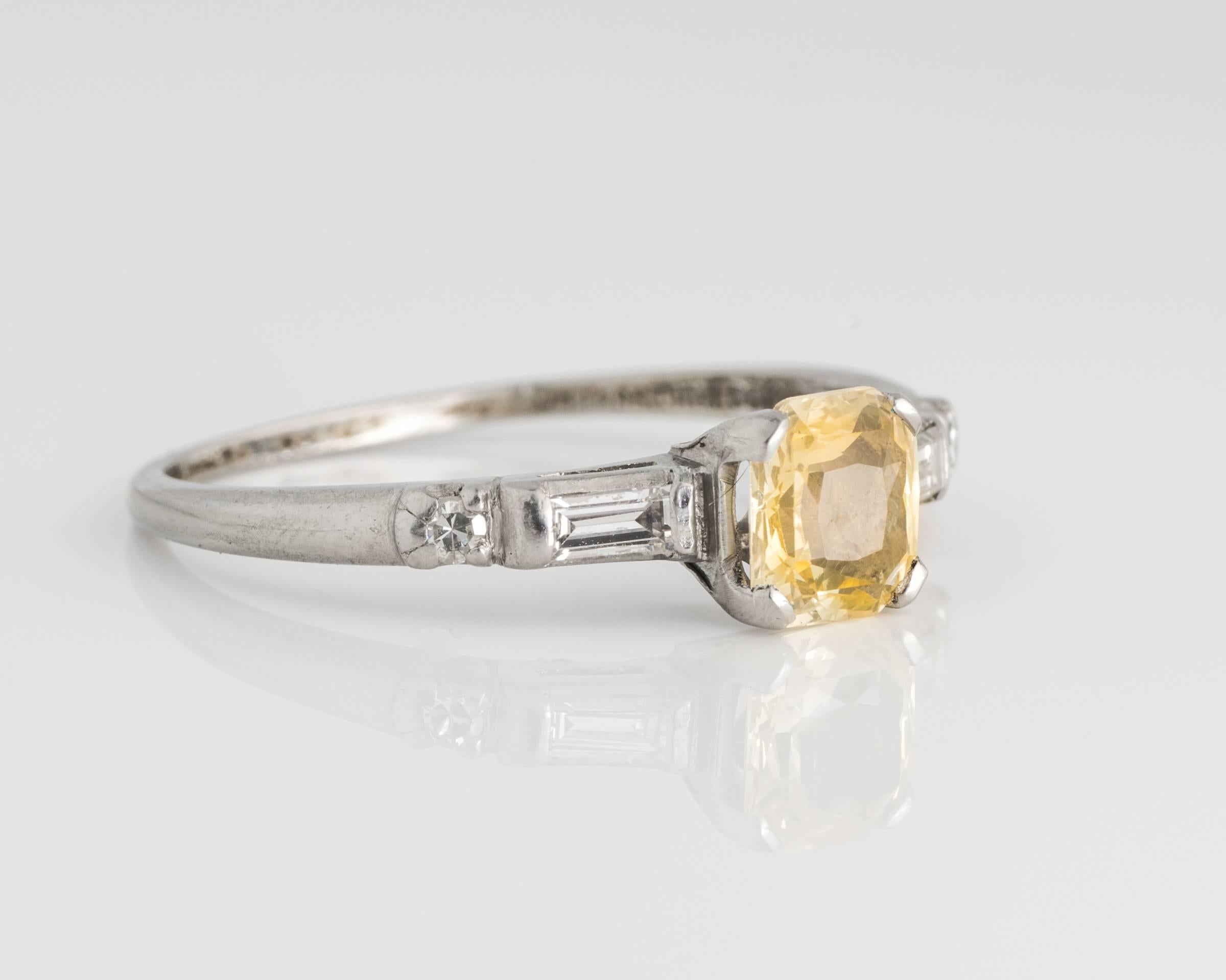 Retro 1945 Platinum Engagement Ring with Canary Yellow Sapphire and Diamonds