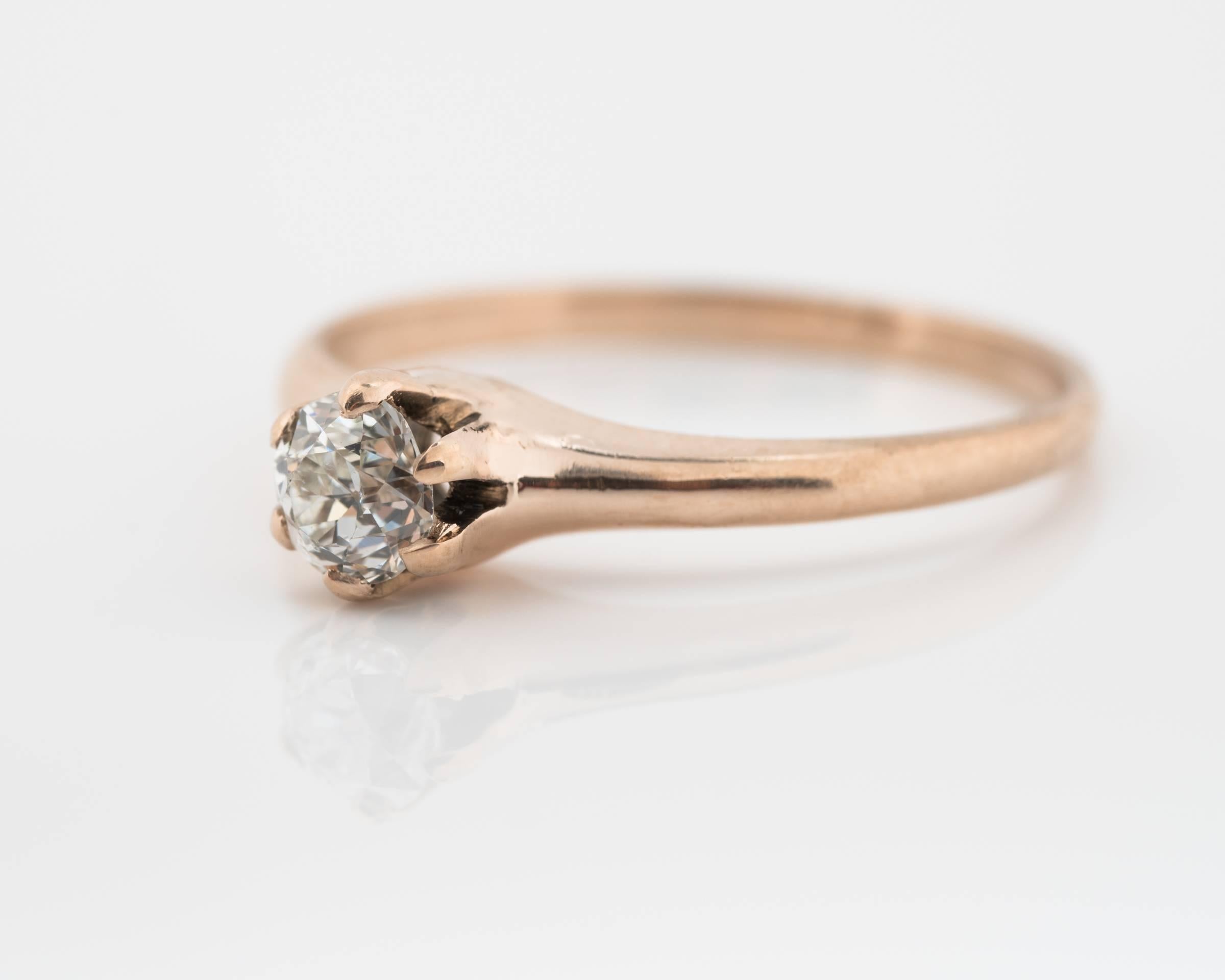 1900s Edwardian .32 Carat Old Miner Diamond 9 Karat Rose Gold Engagement Ring. 
Solitaire style old miner diamond set in 6-prong style
Diamond measures 0.32 carats, old miner cut, H color, SI2 clarity
Mounting crafted in 9 karat rose gold
Fits Ring