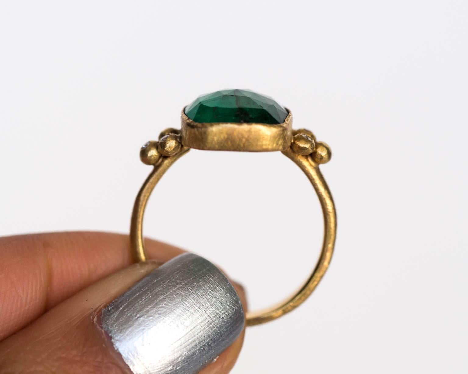 2000s Yellow Gold Emerald and Diamond Hammered Finish Ring 1