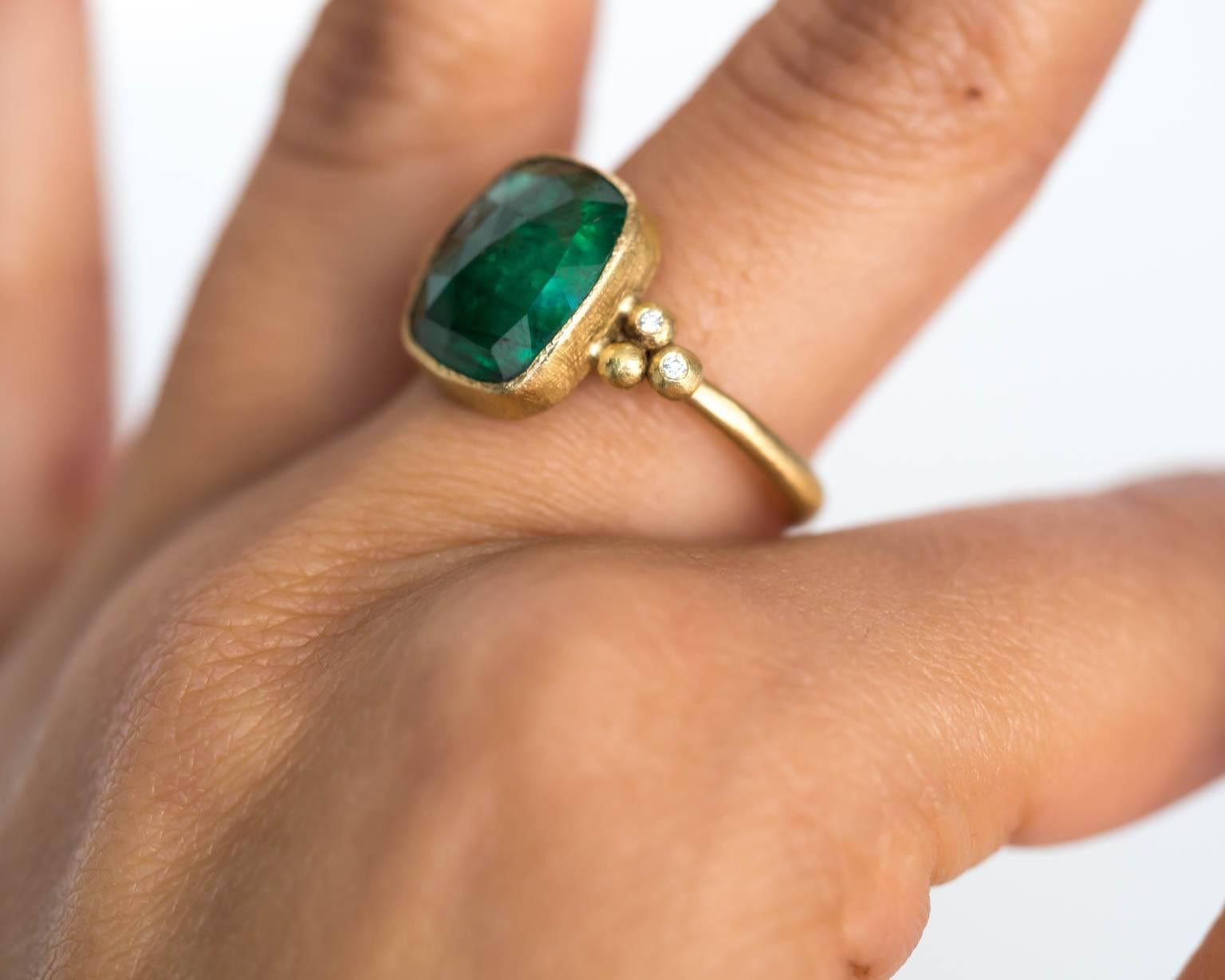 2000s Yellow Gold Emerald and Diamond Hammered Finish Ring 3