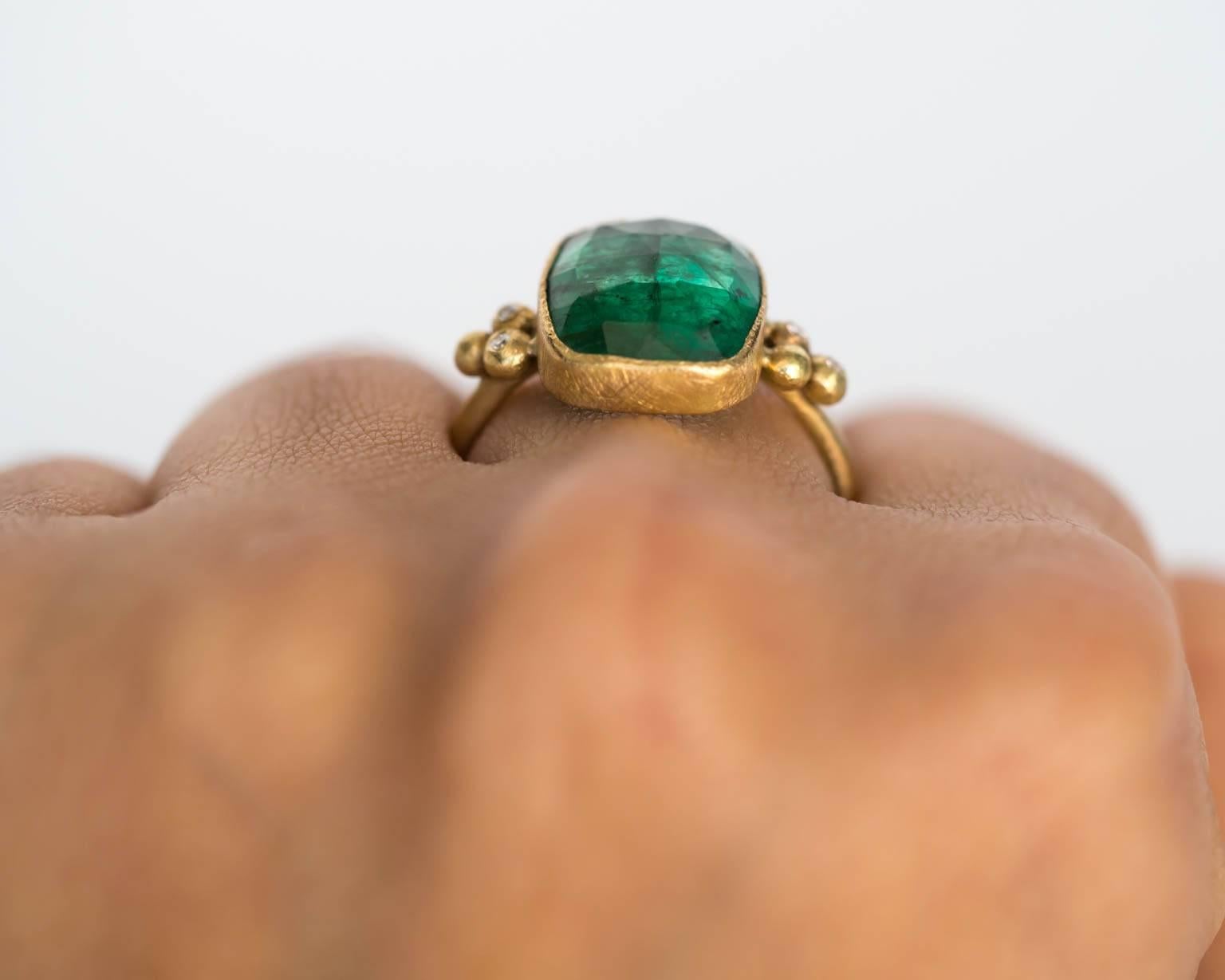 2000s Yellow Gold Emerald and Diamond Hammered Finish Ring 4